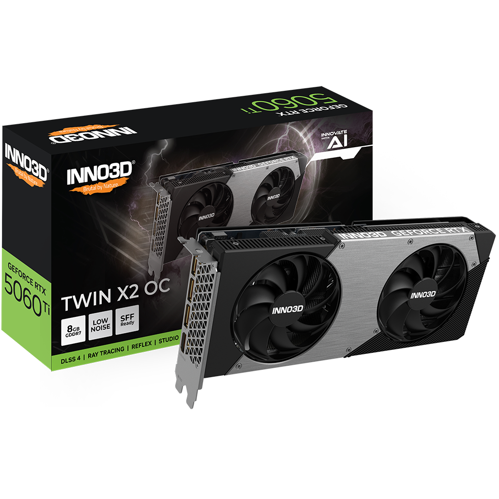 A large main feature product image of INNO3D GeForce RTX 5060 Ti Twin X2 8GB GDDR7