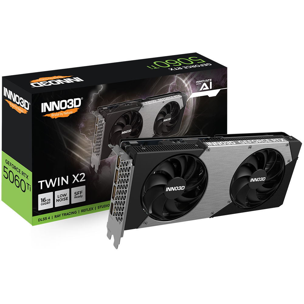 A large main feature product image of INNO3D GeForce RTX 5060 Ti Twin X2 16GB GDDR7