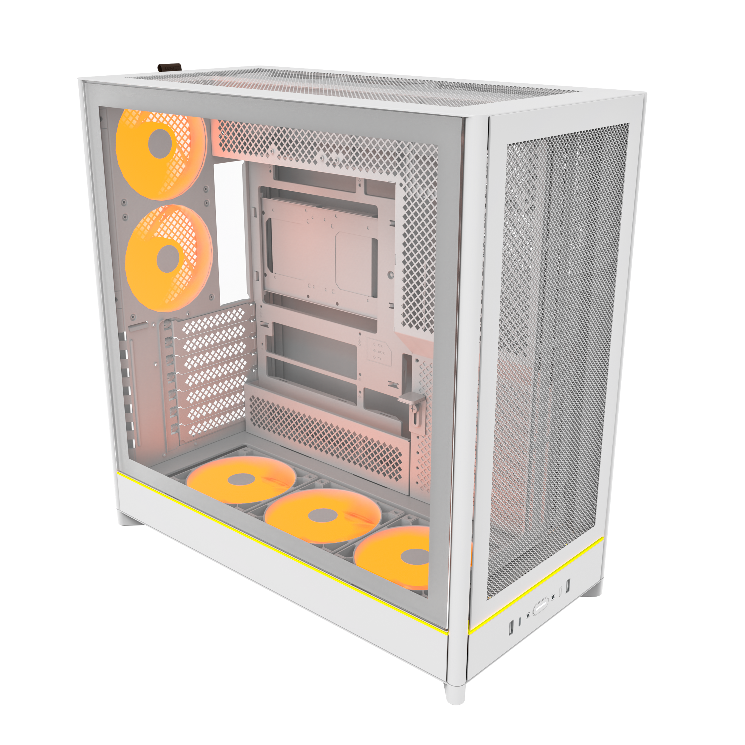 A large main feature product image of Montech HS01 PRO Mesh Reversible Layout Mid Tower Case (White)