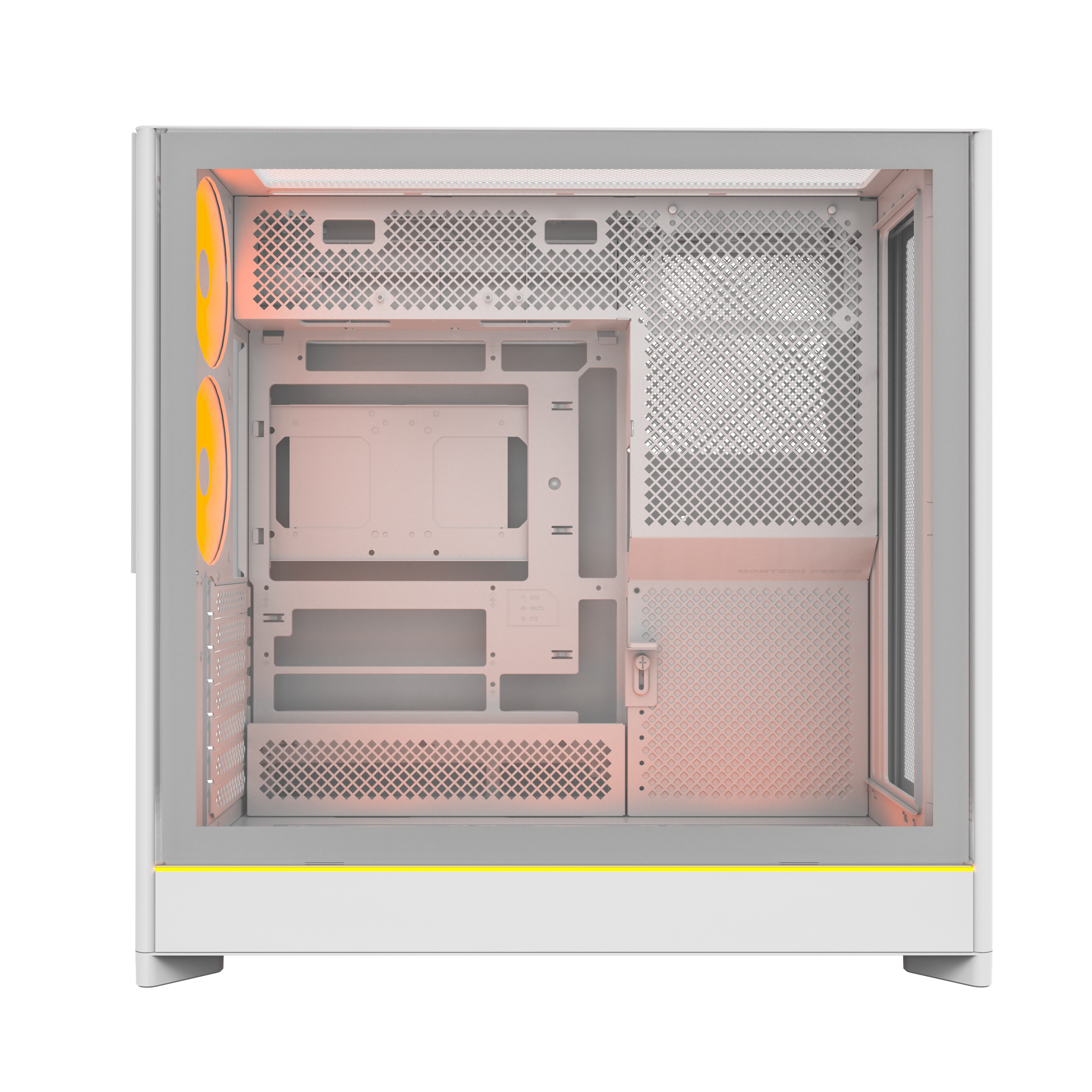 A large main feature product image of Montech HS01 PRO Mesh Reversible Layout Mid Tower Case (White)