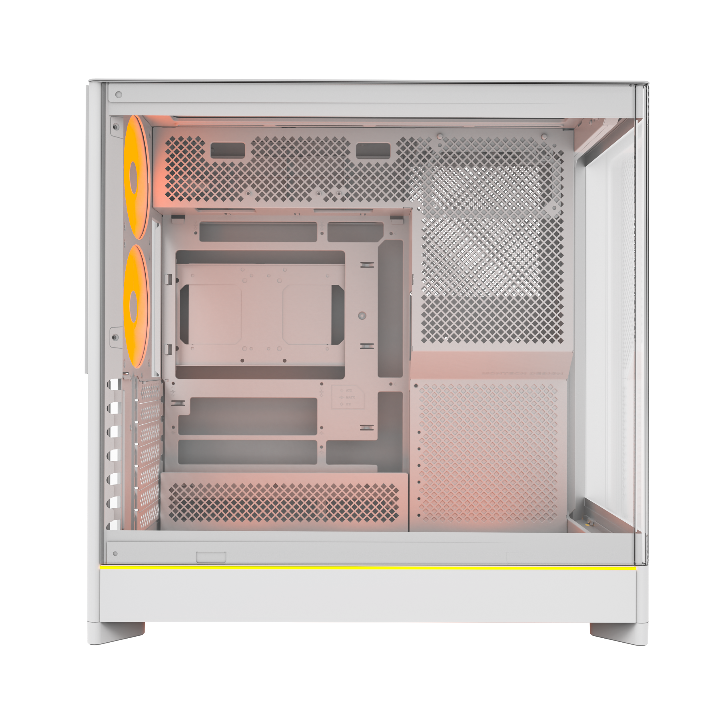 A large main feature product image of Montech HS02 PRO Glass Reversible Layout Mid Tower Case (White)