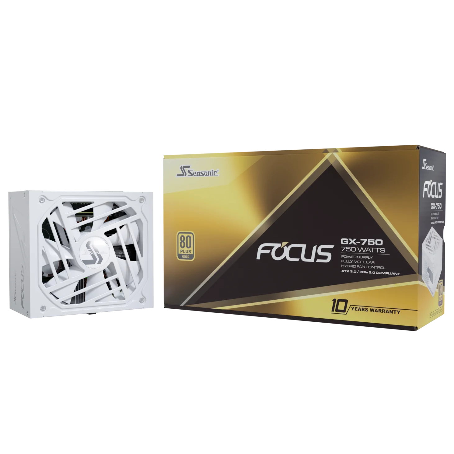 A large main feature product image of Seasonic FOCUS GX 750W Gold ATX 3.0 Modular PSU (White)