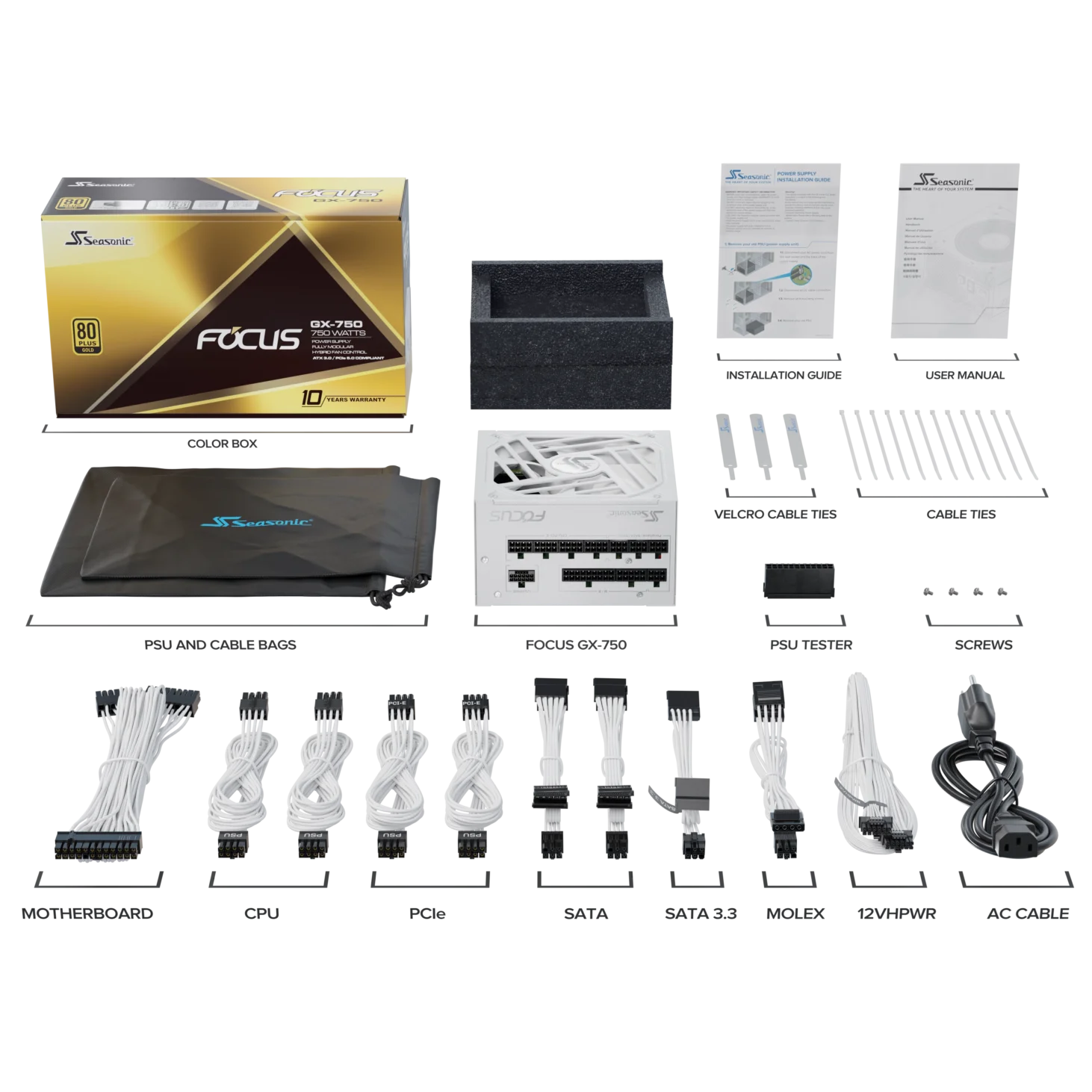 A large main feature product image of Seasonic FOCUS GX 750W Gold ATX 3.0 Modular PSU (White)