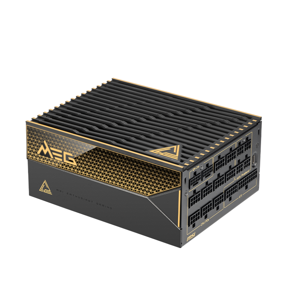 A large main feature product image of MSI MEG Ai1600T - 1600W Titanium PCIe 5.0 ATX Modular PSU