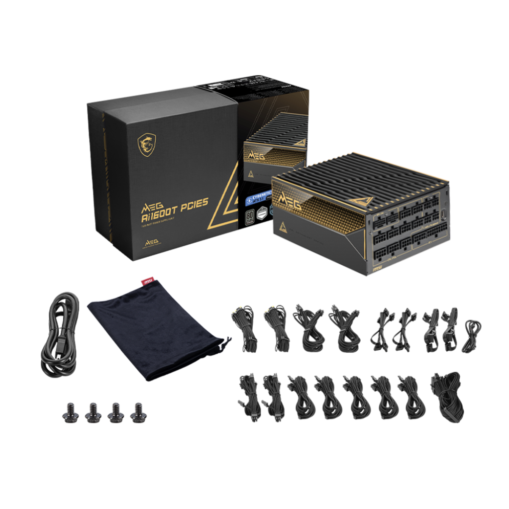 A large main feature product image of MSI MEG Ai1600T - 1600W Titanium PCIe 5.0 ATX Modular PSU