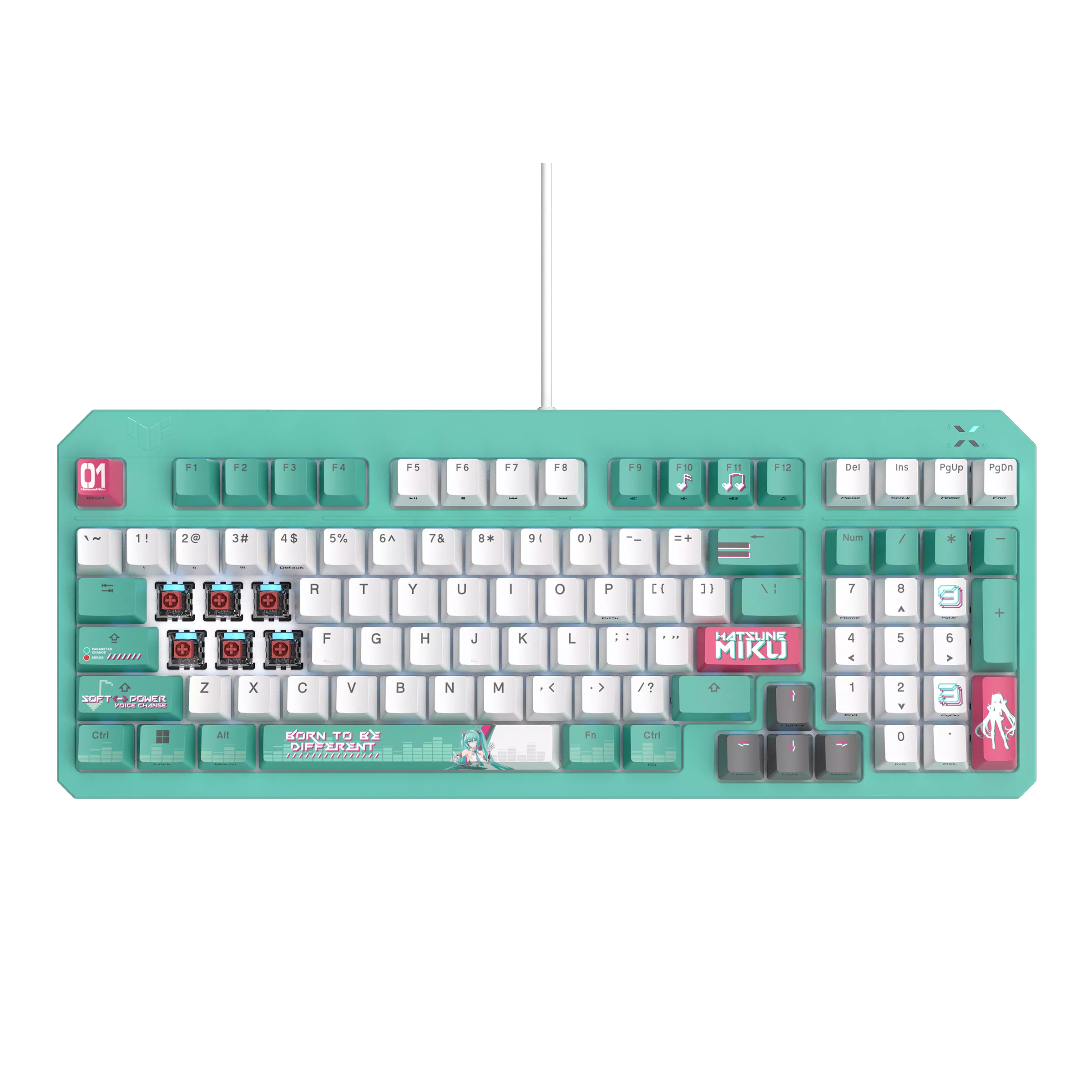 A large main feature product image of ASUS TUF Gaming K3 Gen II Mechanical Gaming Keyboard - Hatsune Miku Edition