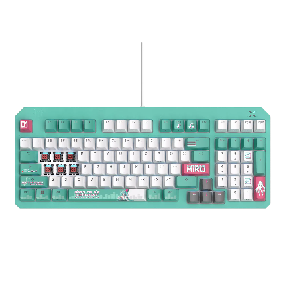 A large main feature product image of ASUS TUF Gaming K3 Gen II Mechanical Gaming Keyboard - Hatsune Miku Edition