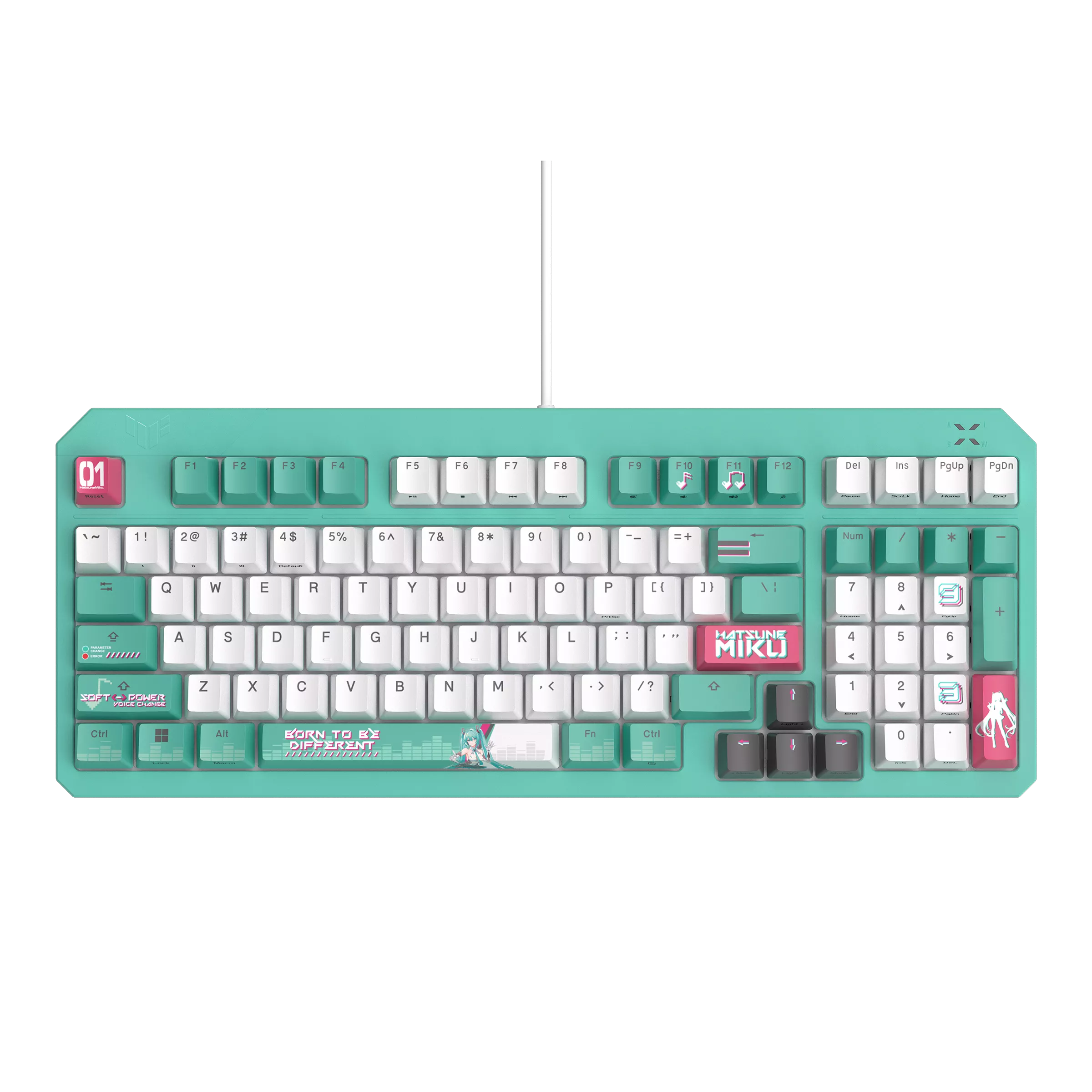 A large main feature product image of ASUS TUF Gaming K3 Gen II Mechanical Gaming Keyboard - Hatsune Miku Edition
