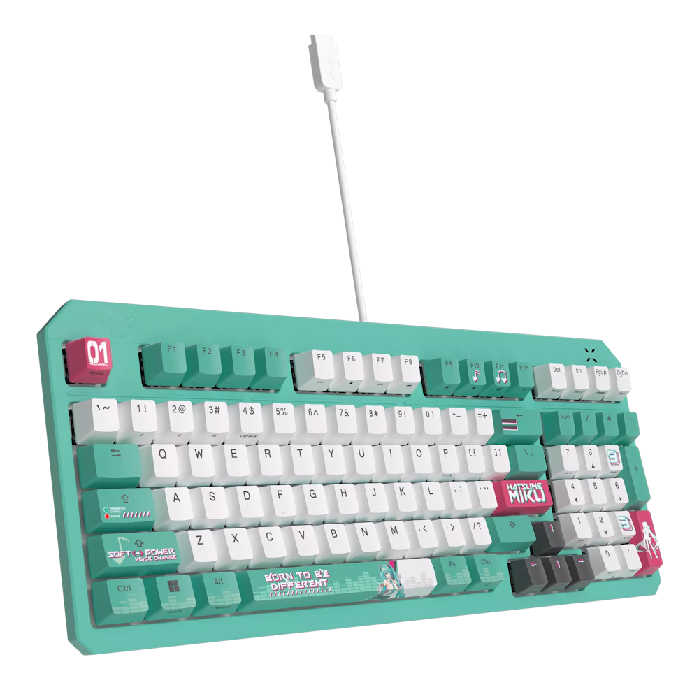 A large main feature product image of ASUS TUF Gaming K3 Gen II Mechanical Gaming Keyboard - Hatsune Miku Edition
