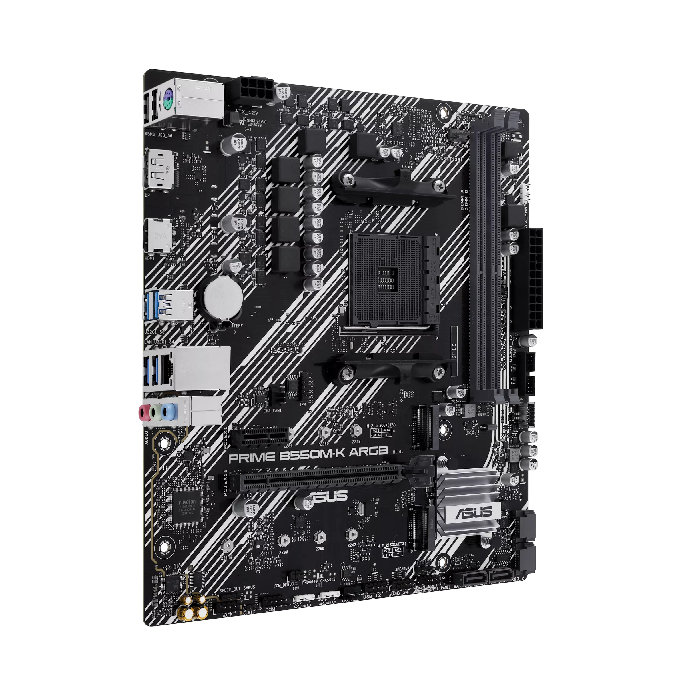 A large main feature product image of ASUS PRIME B550M-K ARGB AM4 ATX Desktop Motherboard