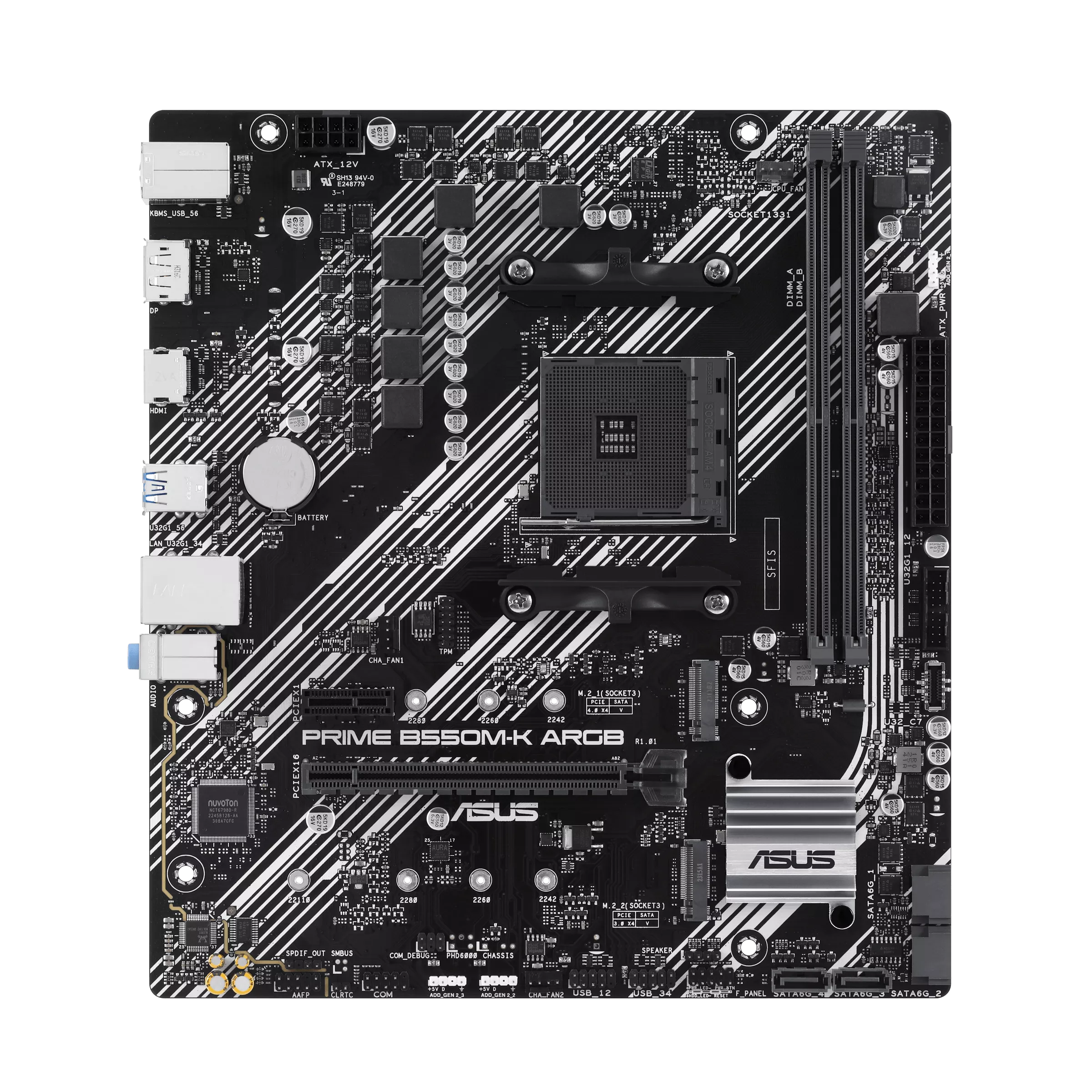 A large main feature product image of ASUS PRIME B550M-K ARGB AM4 ATX Desktop Motherboard