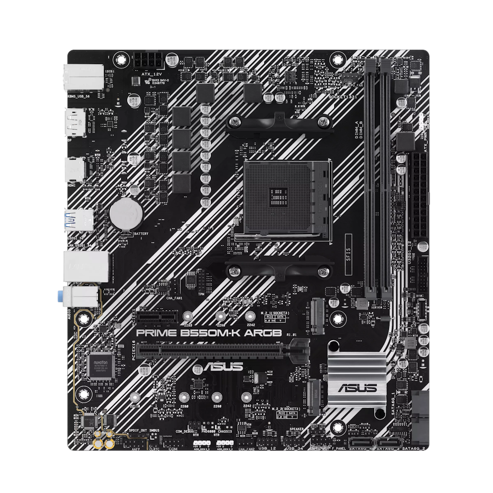 A large main feature product image of ASUS PRIME B550M-K ARGB AM4 ATX Desktop Motherboard