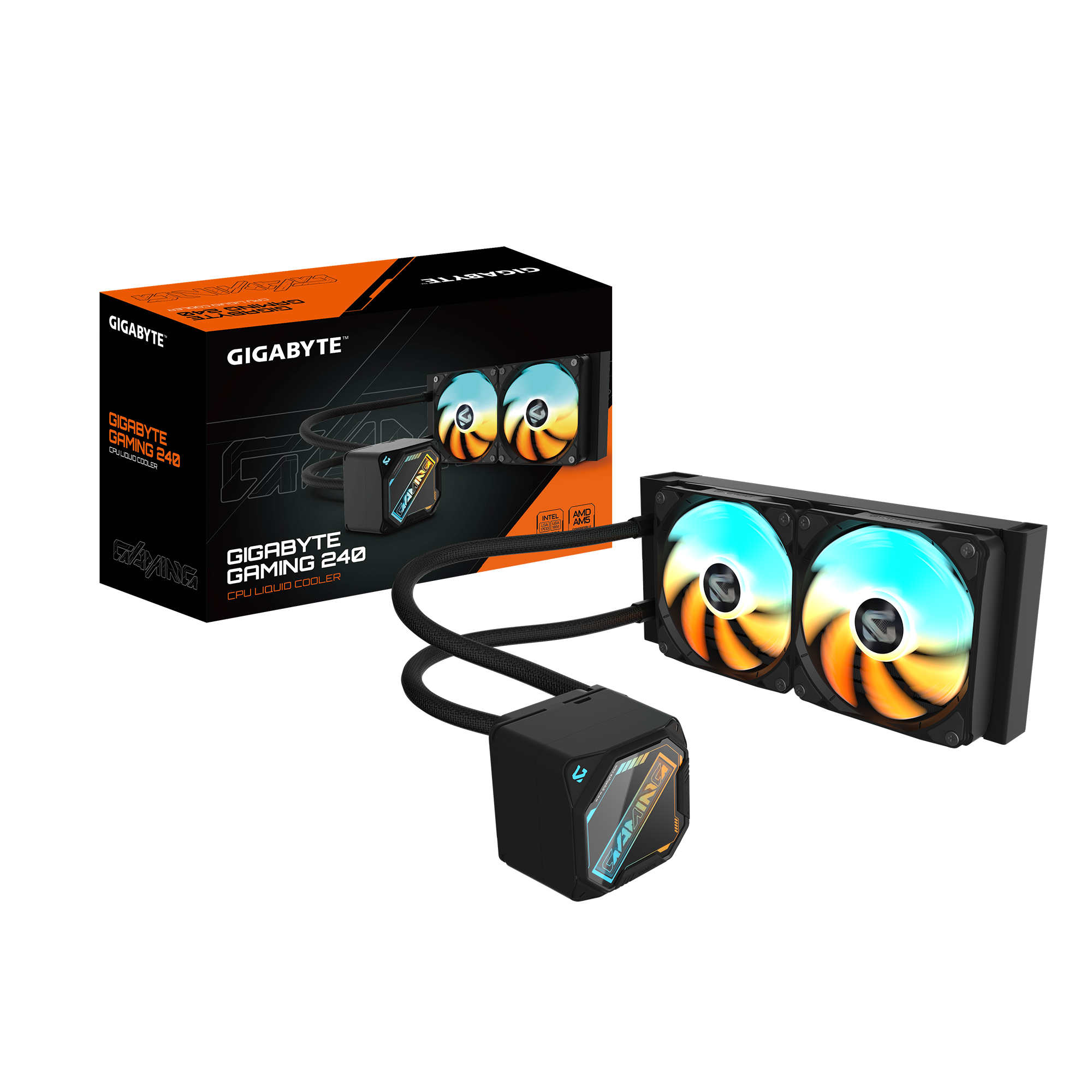A large main feature product image of Gigabyte Gaming 240 240mm AIO Liquid CPU Cooler