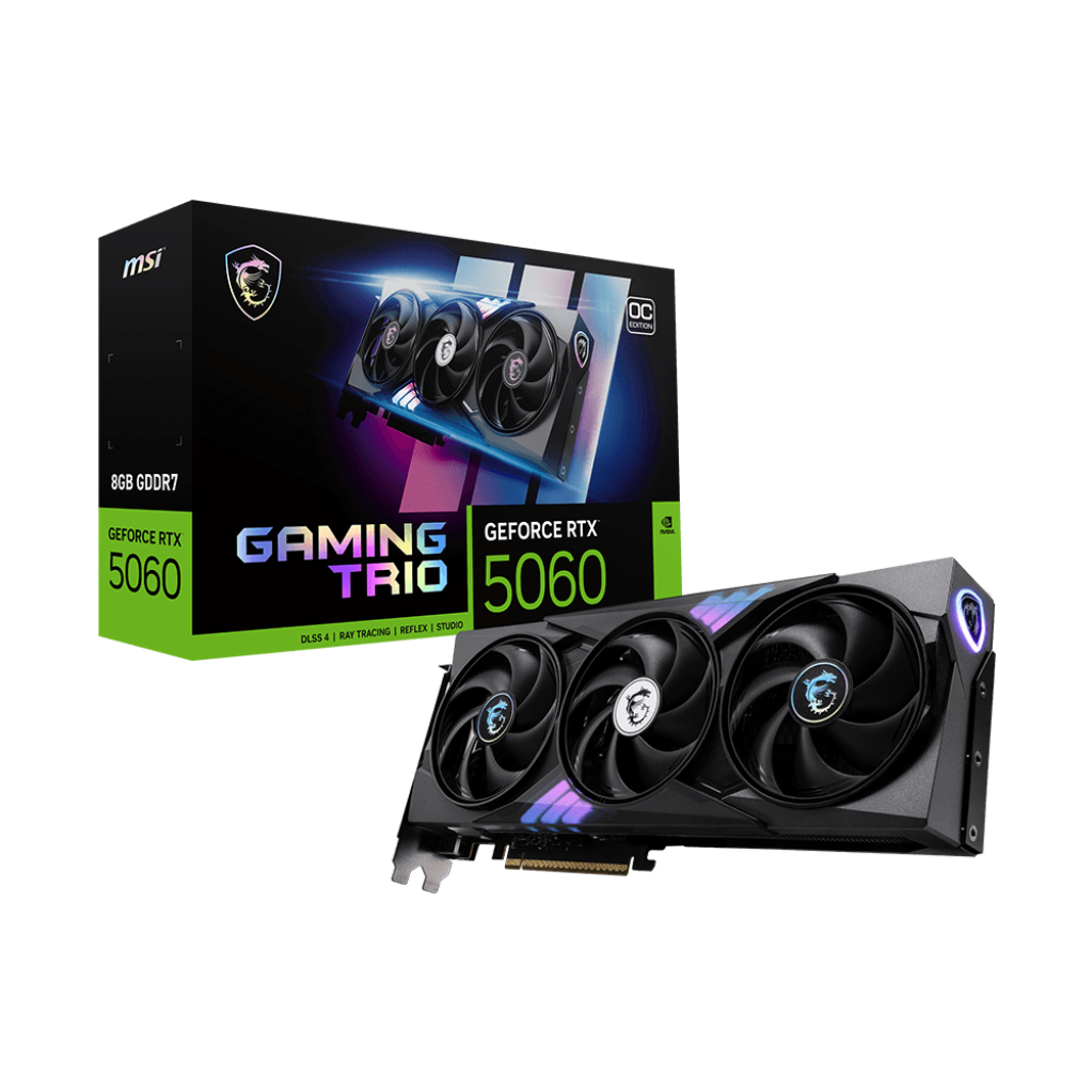 A large main feature product image of MSI GeForce RTX 5060 Gaming Trio OC 8GB GDDR7