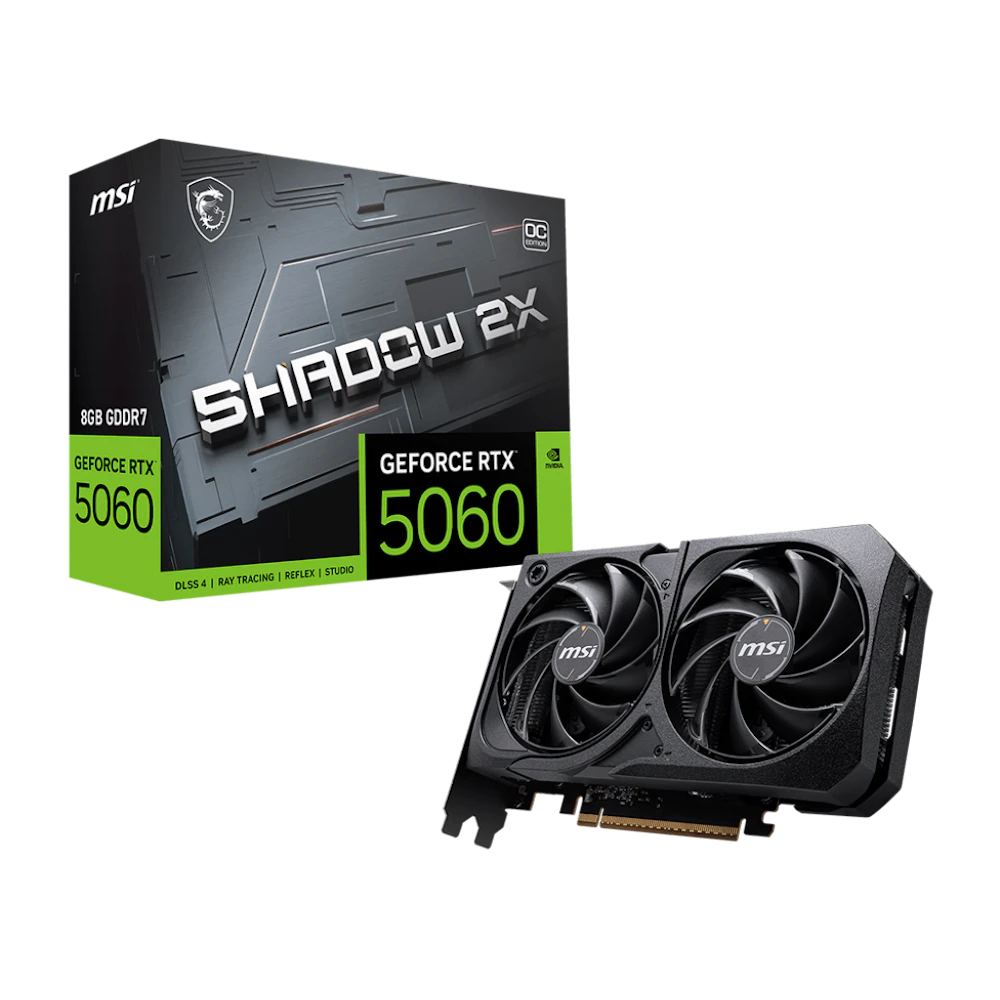 A large main feature product image of MSI GeForce RTX 5060 8GB GDDR7 SHADOW 2X OC