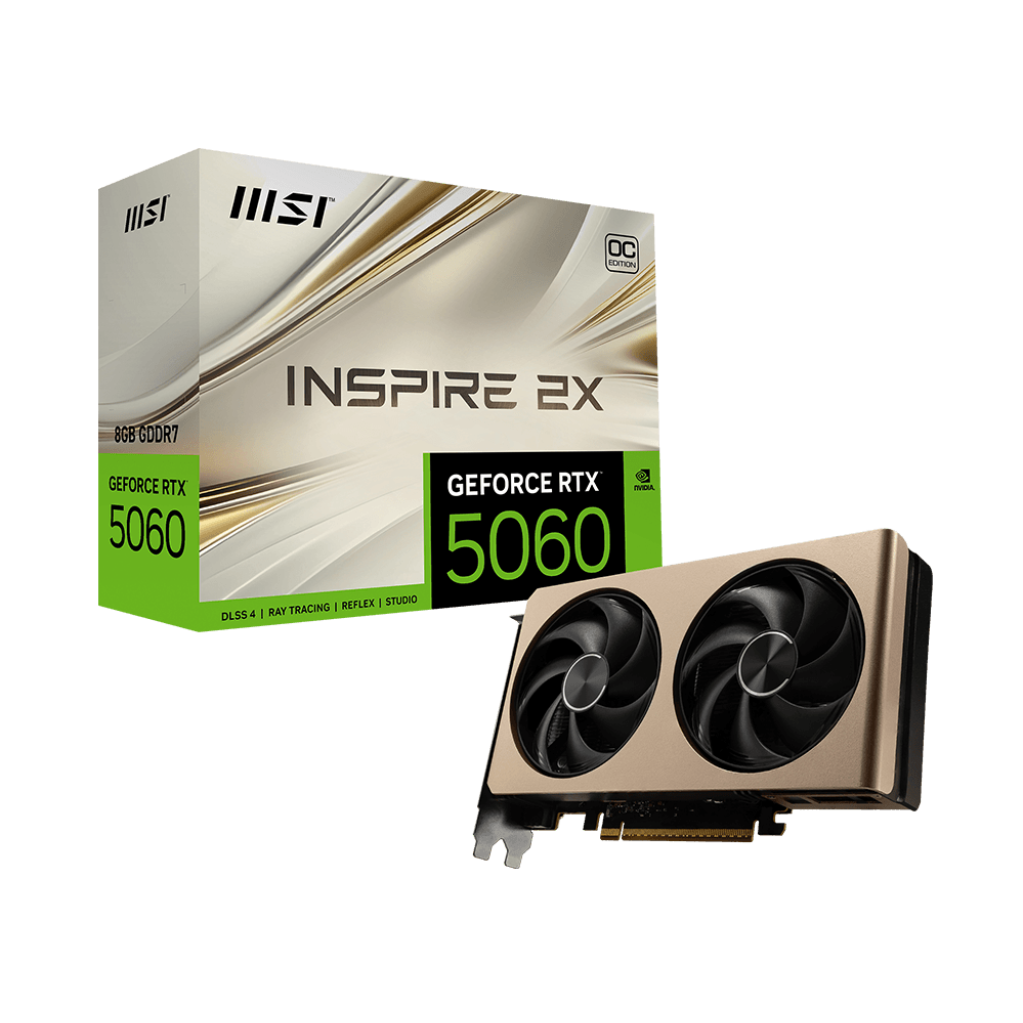 A large main feature product image of MSI GeForce RTX 5060 Inspire 2X OC 8GB GDDR7