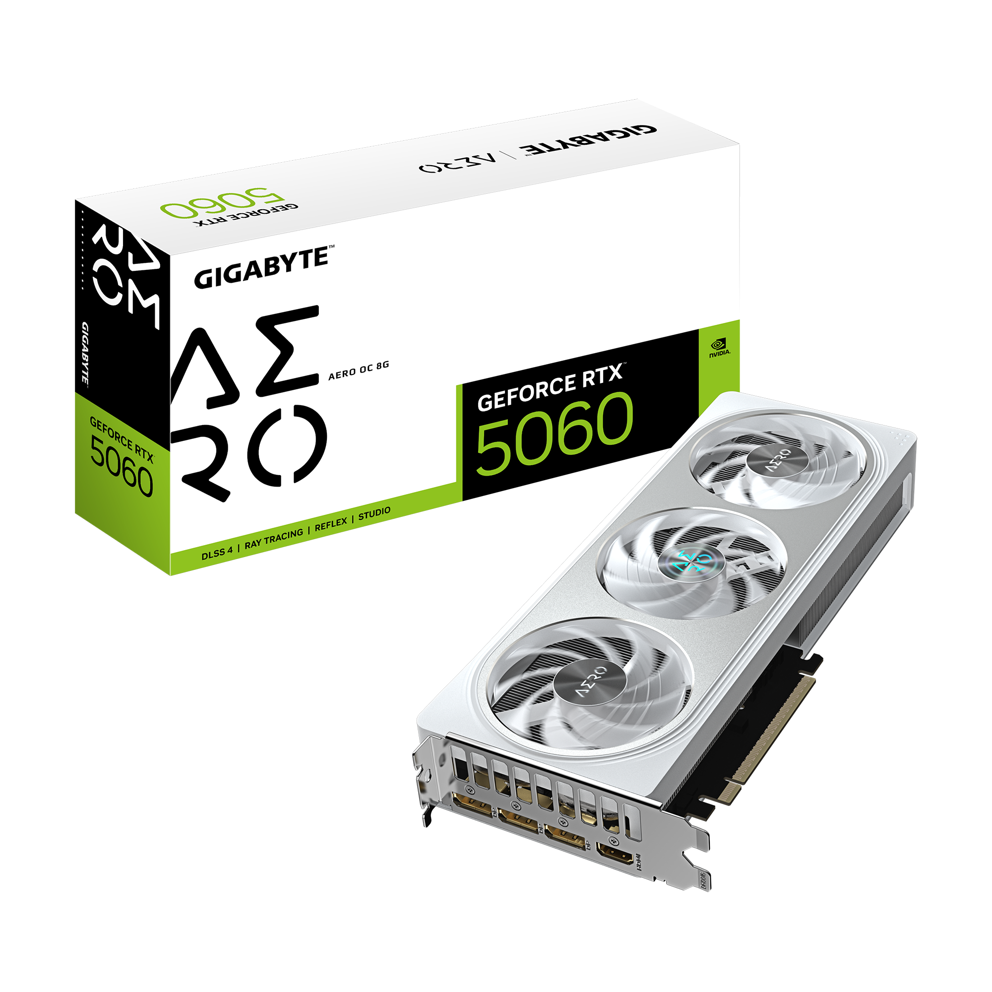 A large main feature product image of Gigabyte GeForce RTX 5060 Aero White OC 8GB GDDR7