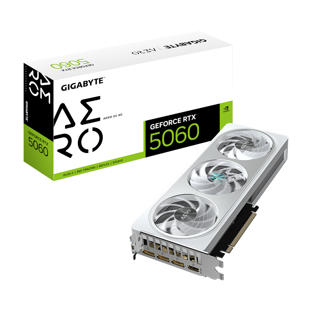 A large main feature product image of Gigabyte GeForce RTX 5060 Aero White OC 8GB GDDR7