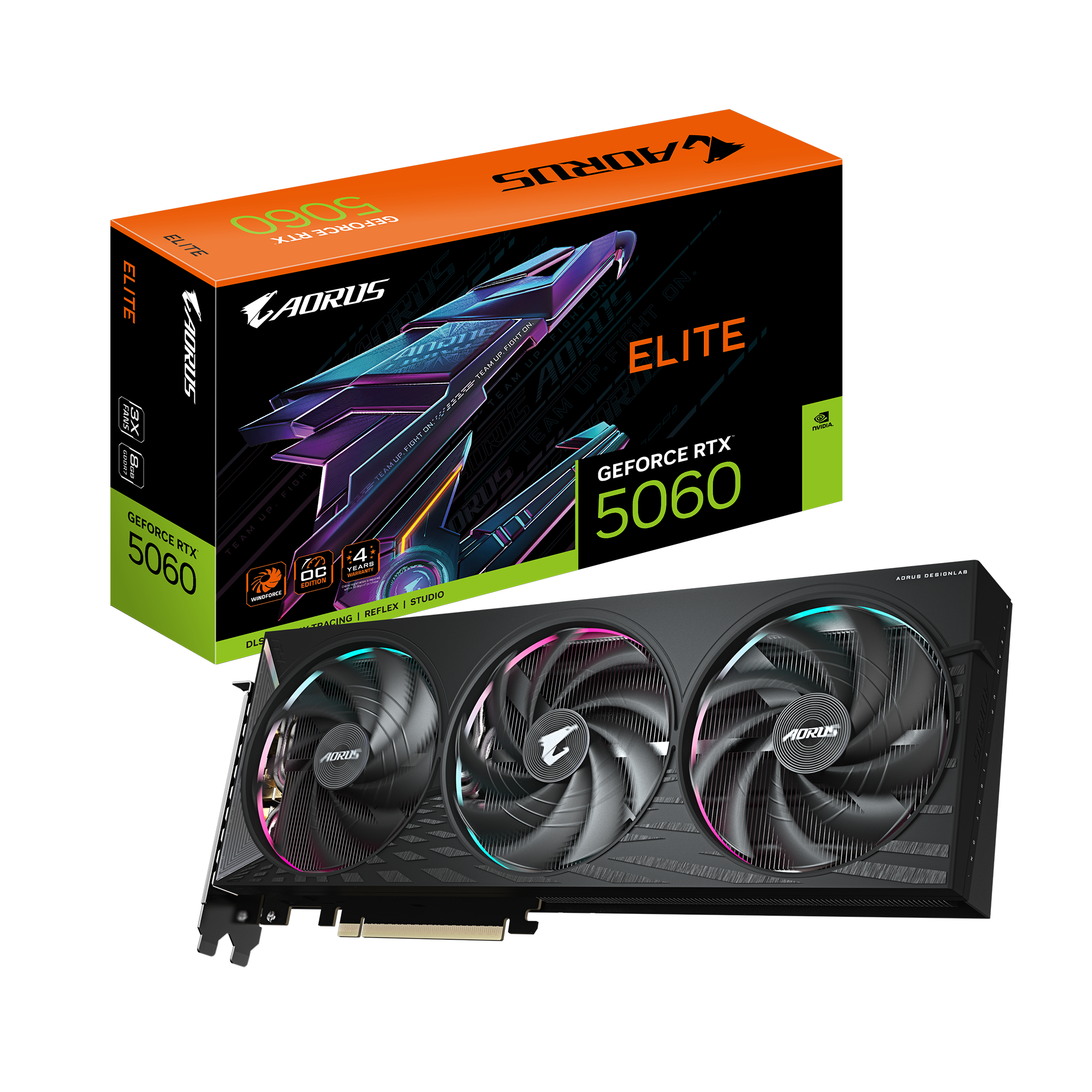 A large main feature product image of Gigabyte GeForce RTX 5060 Aorus Elite 8GB GDDR7