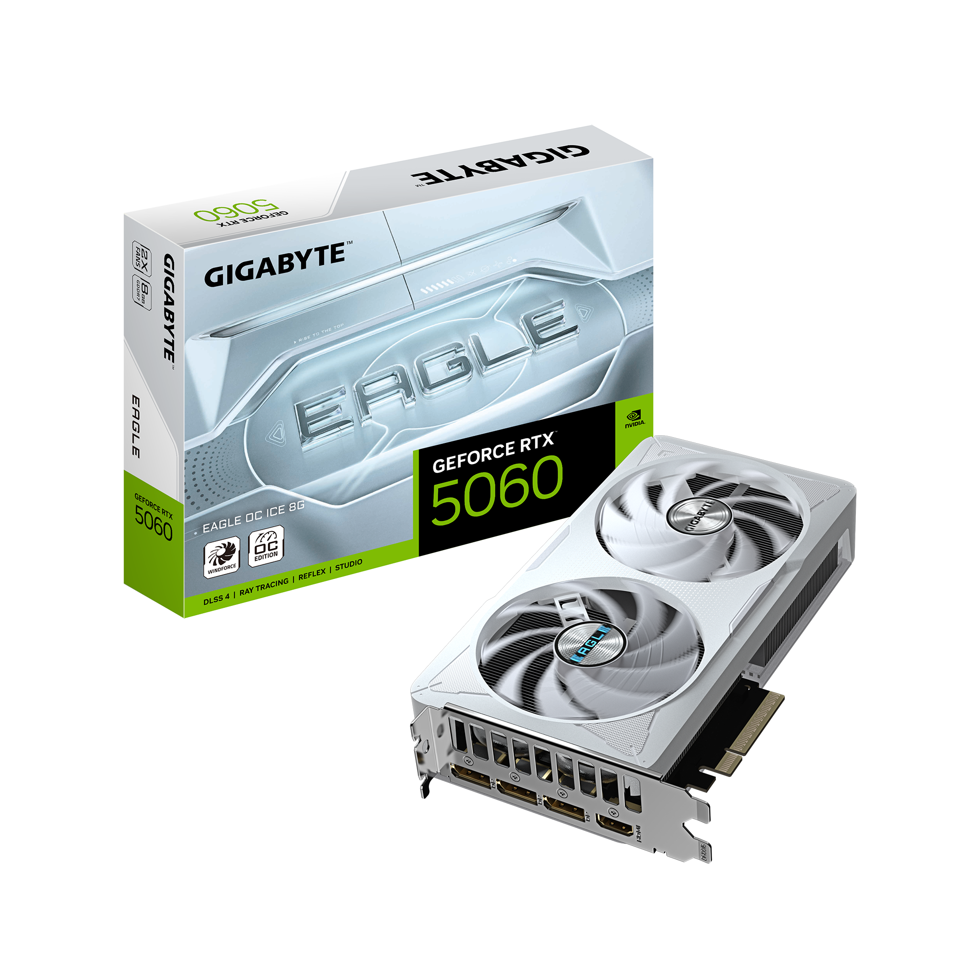 A large main feature product image of Gigabyte GeForce RTX 5060 Eagle OC Ice White 8GB GDDR7