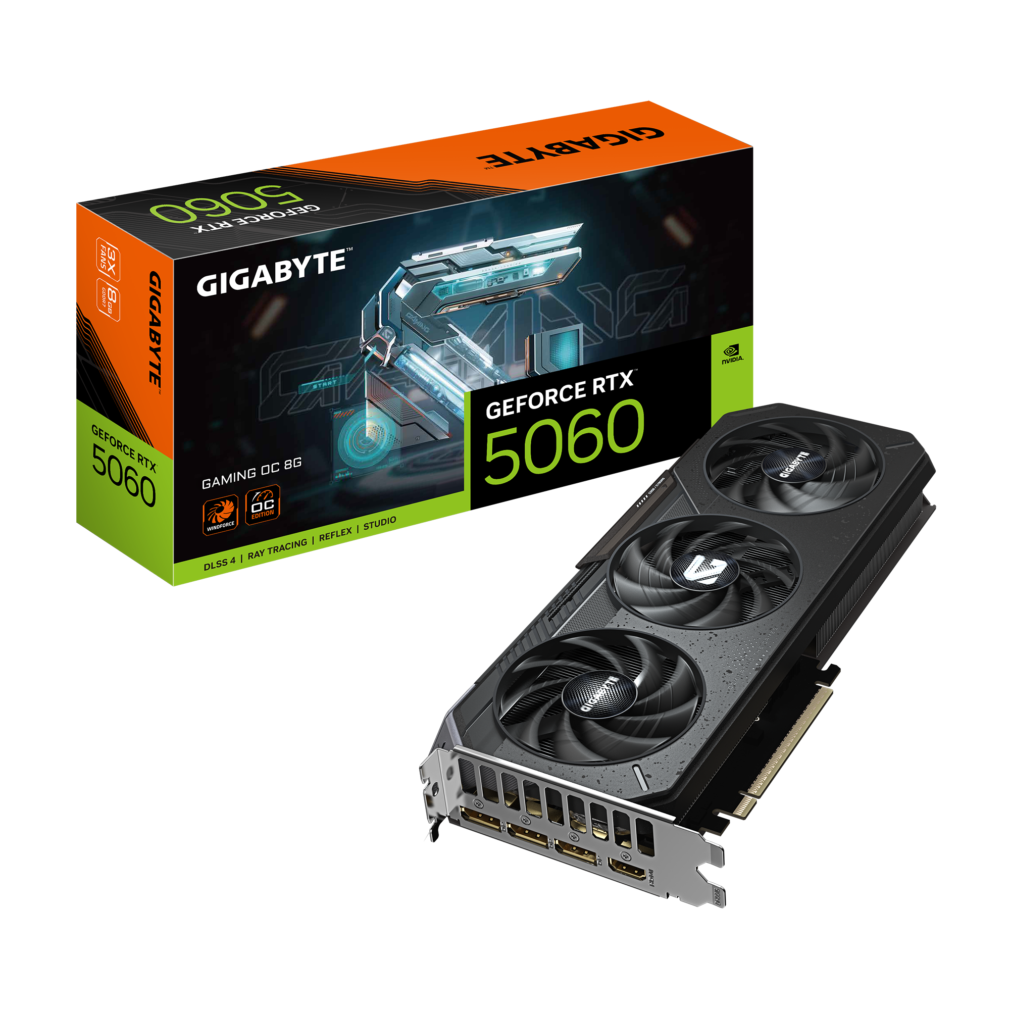 A large main feature product image of Gigabyte GeForce RTX 5060 Gaming OC 8GB GDDR7