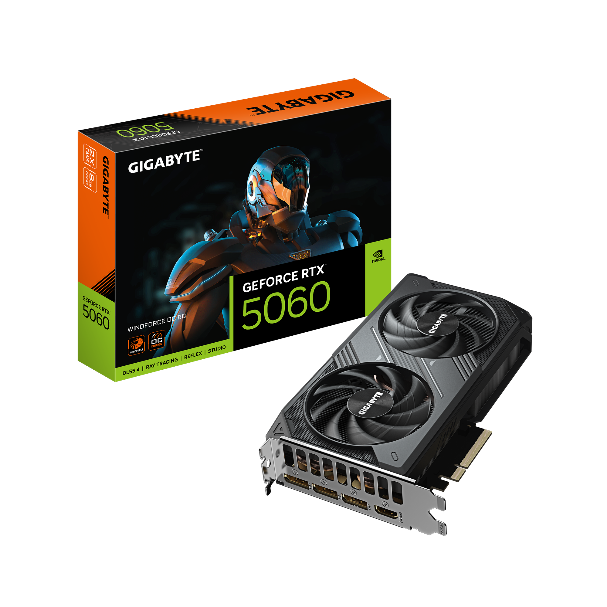 A large main feature product image of Gigabyte GeForce RTX 5060 Windforce OC 8GB GDDR7