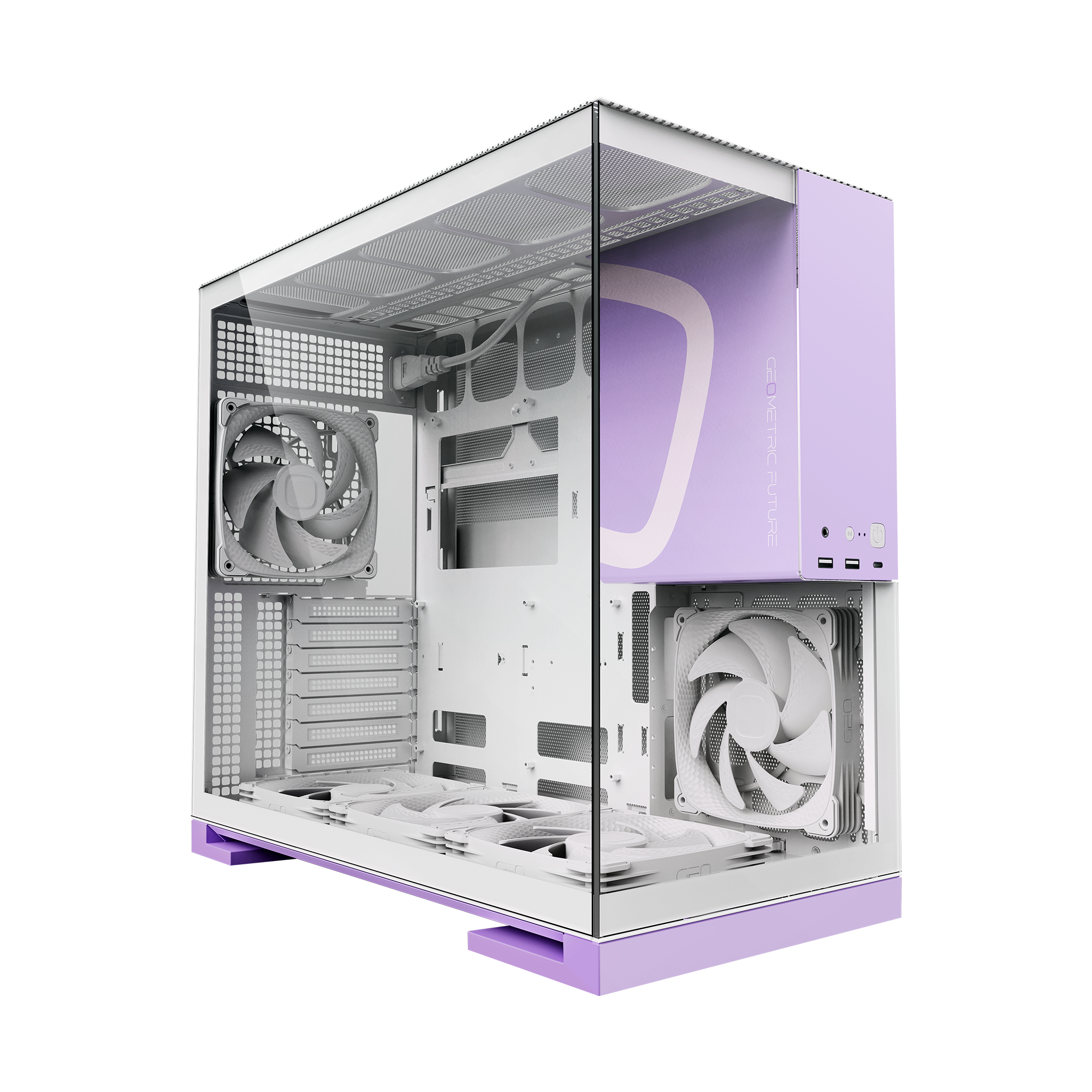 A large main feature product image of Geometric Future Model 5 w/ Fans - Mid Tower Glass Case (White/Purple)