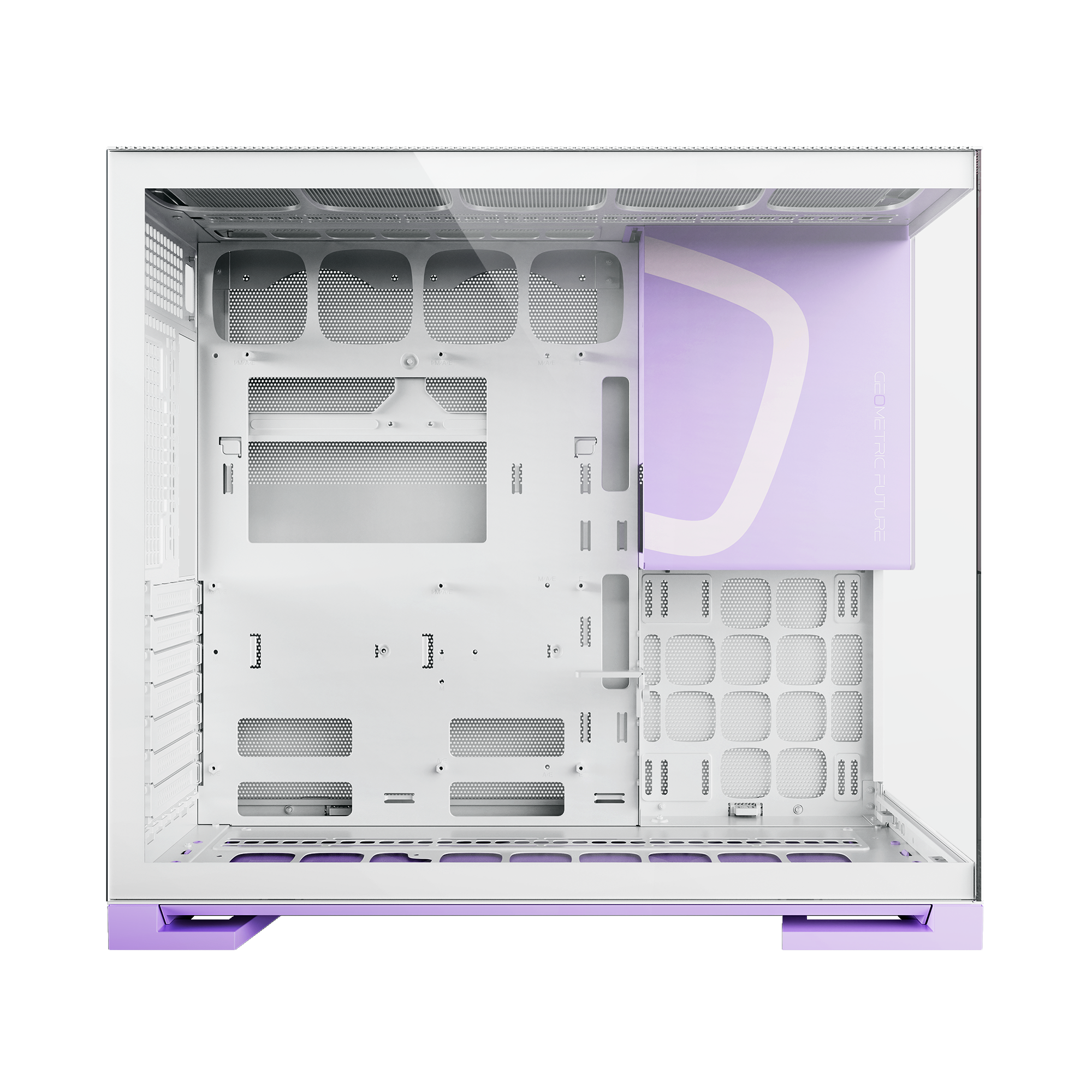 A large main feature product image of Geometric Future Model 5 w/ Fans - Mid Tower Glass Case (White/Purple)