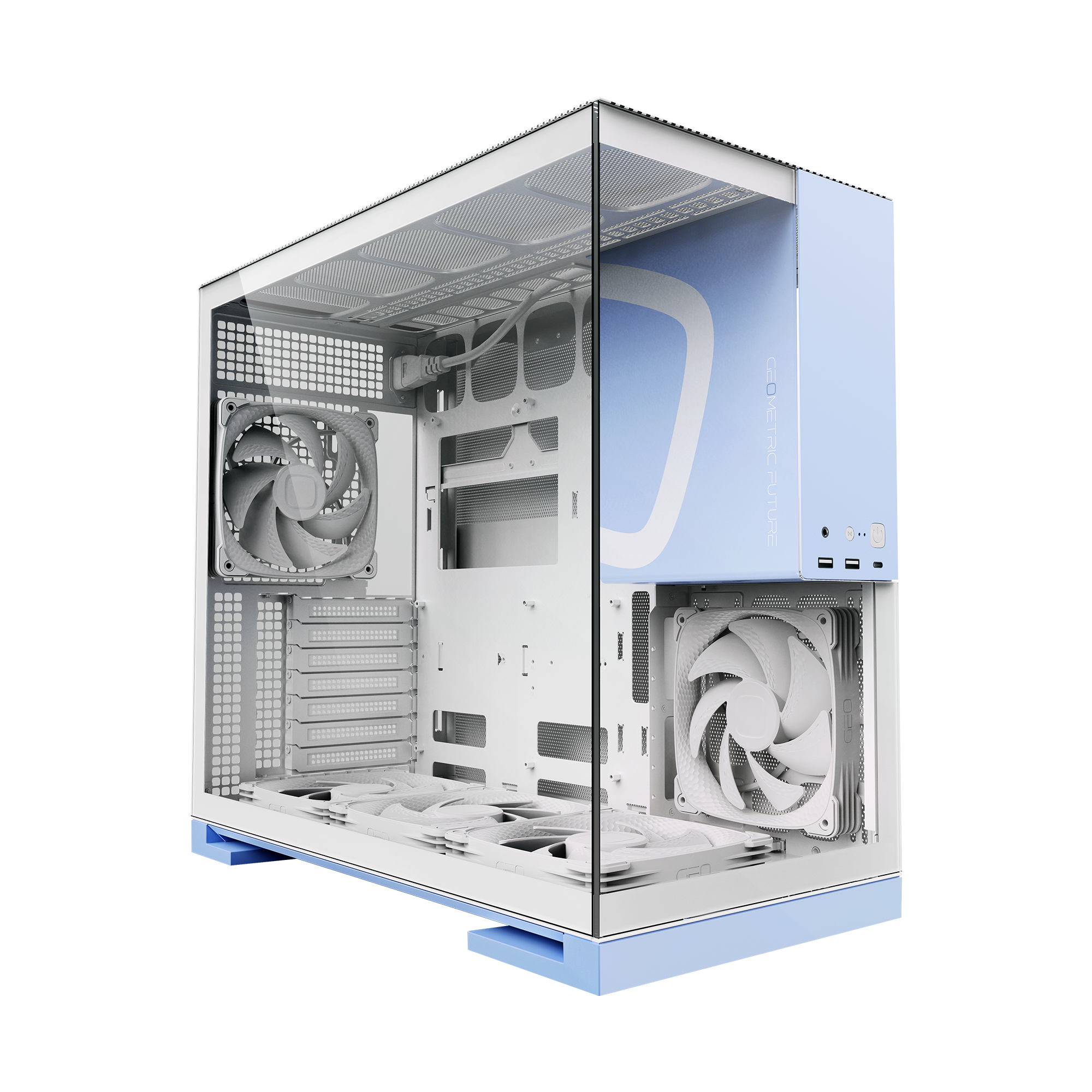 A large main feature product image of Geometric Future Model 5 w/ Fans - Mid Tower Glass Case (White/Blue)