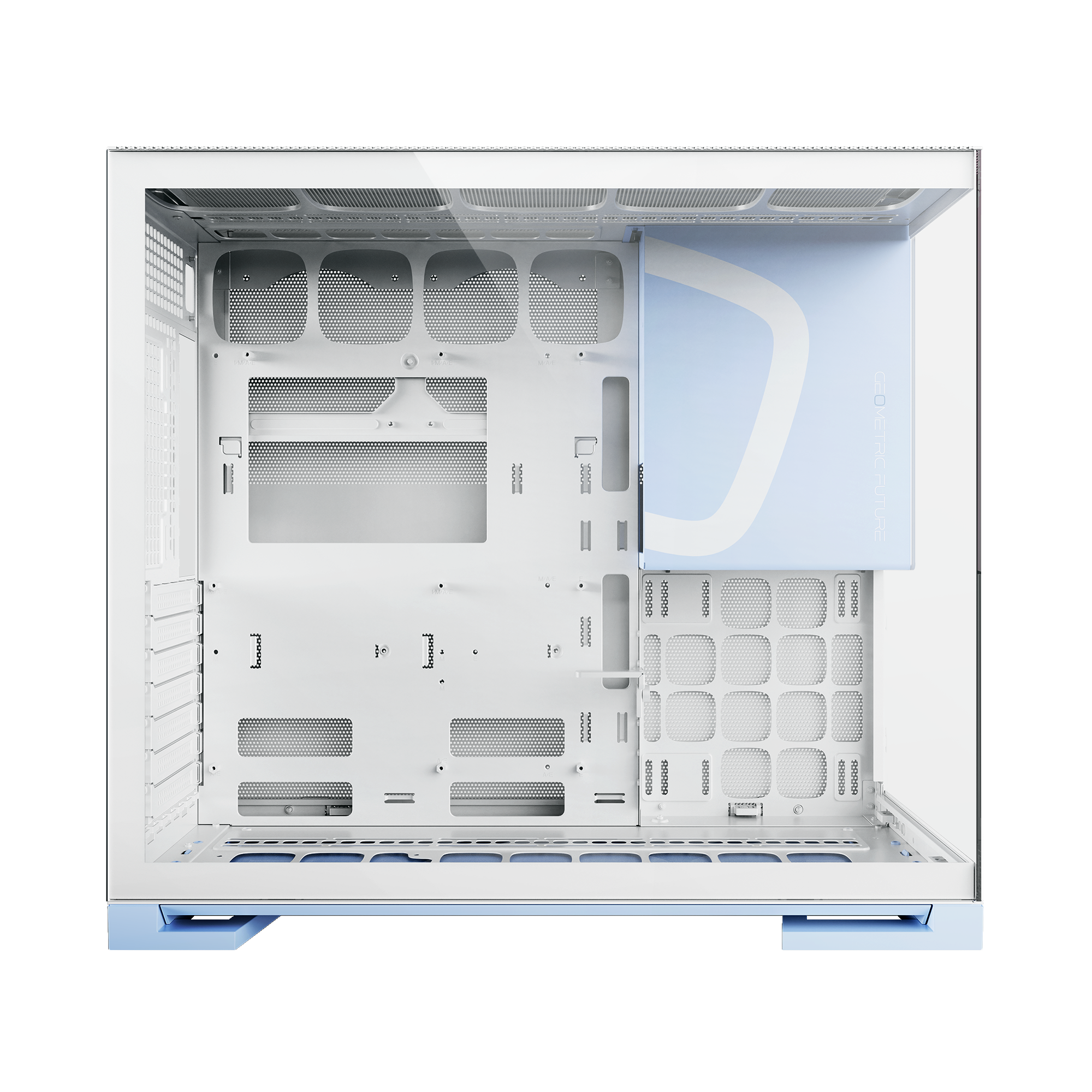 A large main feature product image of Geometric Future Model 5 w/ Fans - Mid Tower Glass Case (White/Blue)