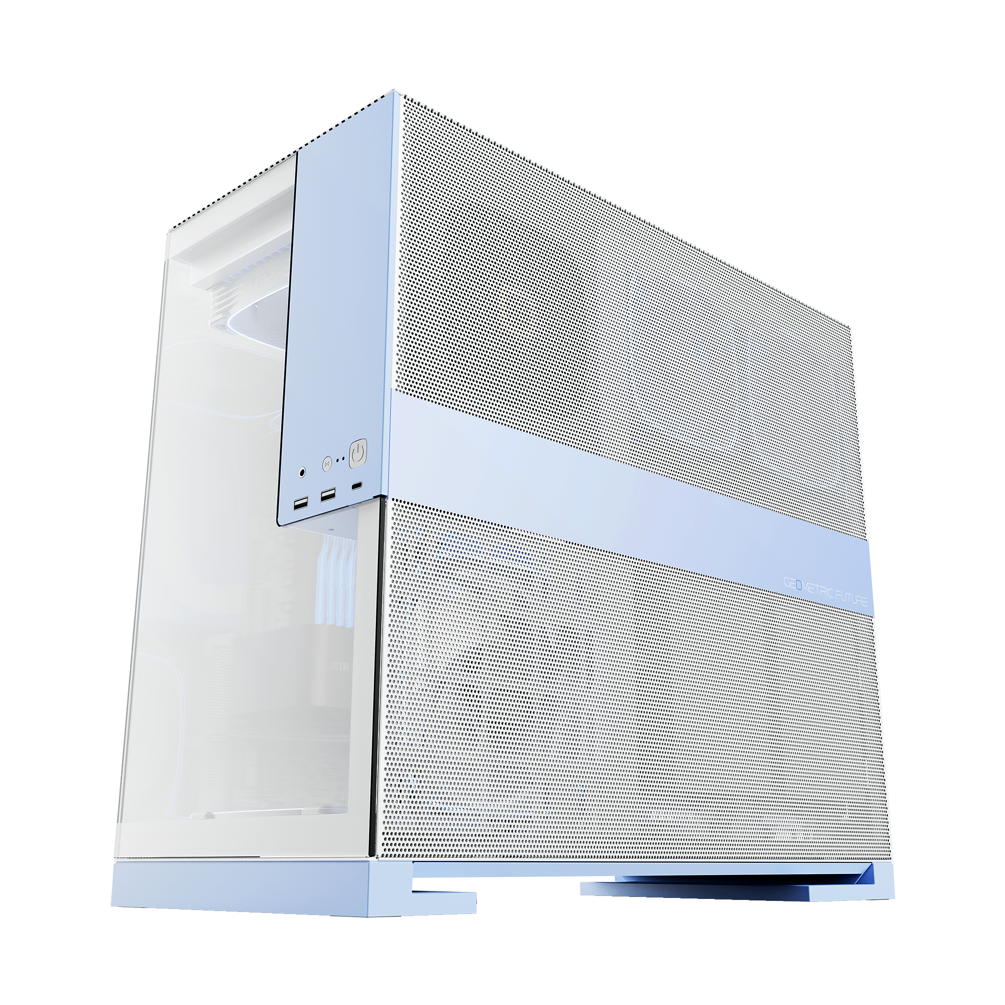 A large main feature product image of Geometric Future Model 5 w/ Fans - Mid Tower Glass Case (White/Blue)