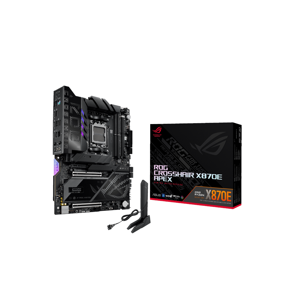A large main feature product image of ASUS ROG Crosshair X870E APEX AM5 ATX Desktop Motherboard