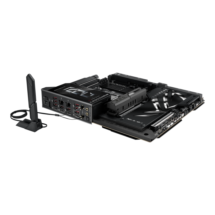 A large main feature product image of ASUS ROG Crosshair X870E EXTREME AM5 eATX Desktop Motherboard