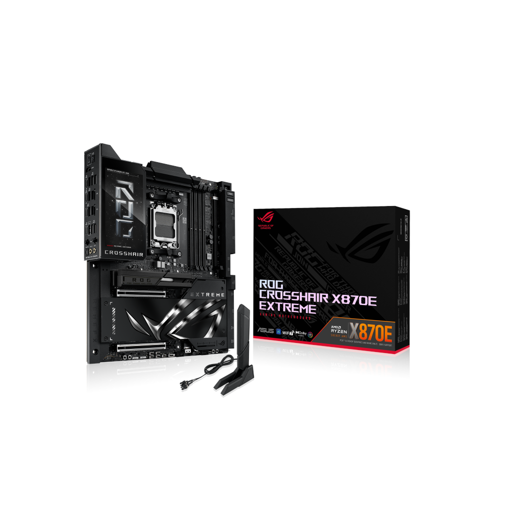 A large main feature product image of ASUS ROG Crosshair X870E EXTREME AM5 eATX Desktop Motherboard