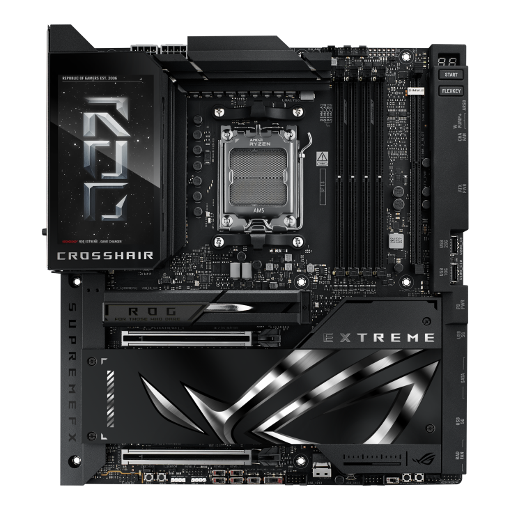 A large main feature product image of ASUS ROG Crosshair X870E EXTREME AM5 eATX Desktop Motherboard