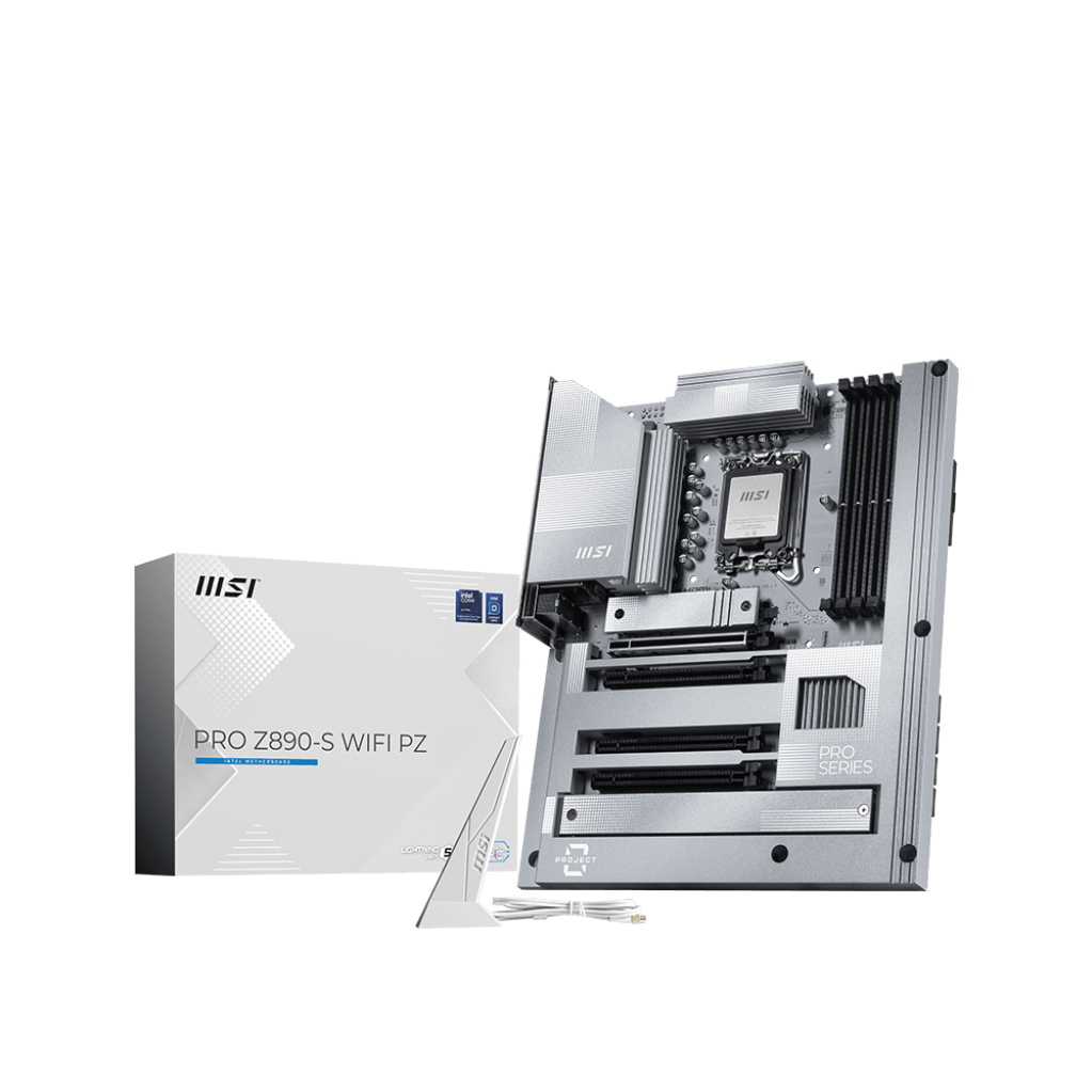 A large main feature product image of MSI Z890-S Project Zero LGA1851 ATX Desktop Motherboard