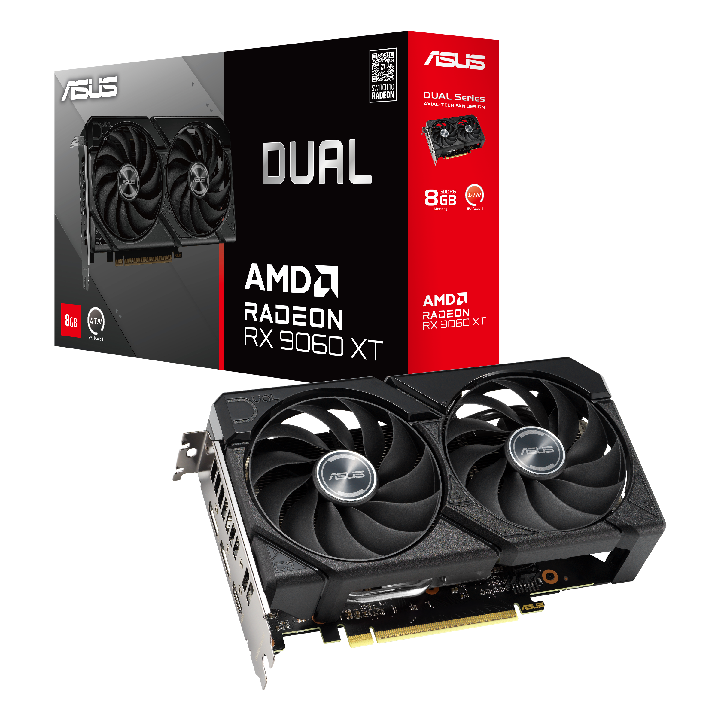 A large main feature product image of ASUS Radeon RX 9060 XT Dual 8GB GDDR6