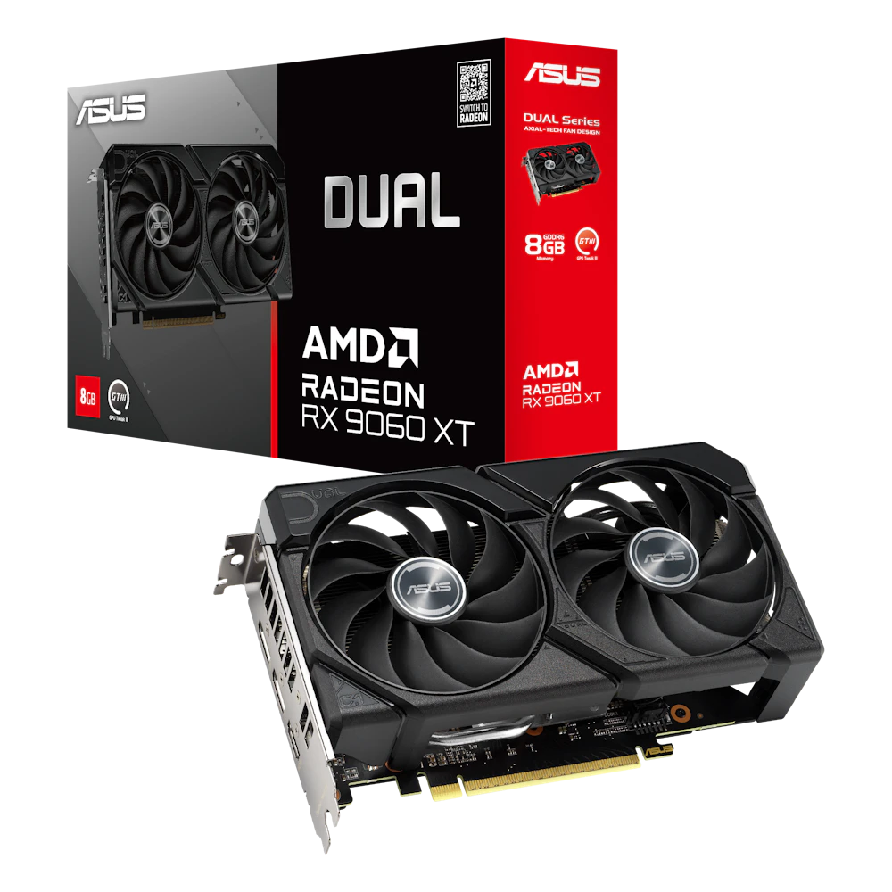 A large main feature product image of ASUS Radeon RX 9060 XT Dual 8GB GDDR6