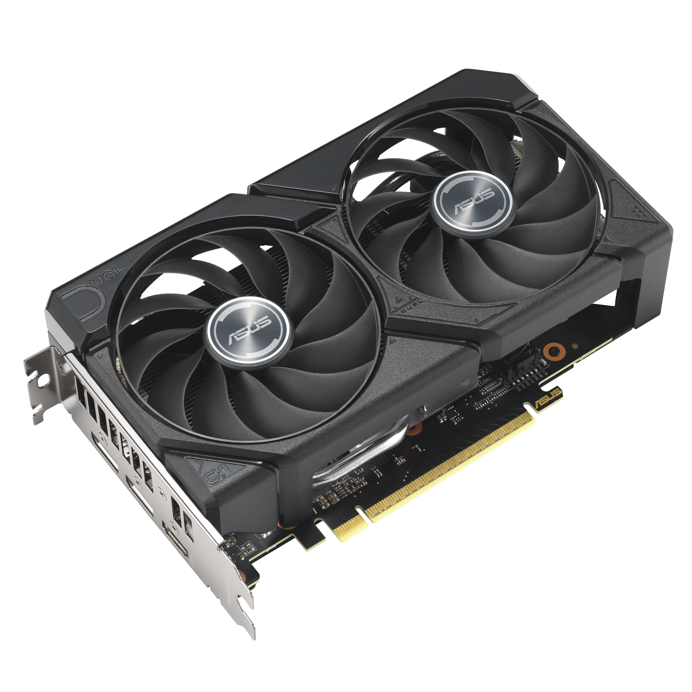 A large main feature product image of ASUS Radeon RX 9060 XT Dual 8GB GDDR6