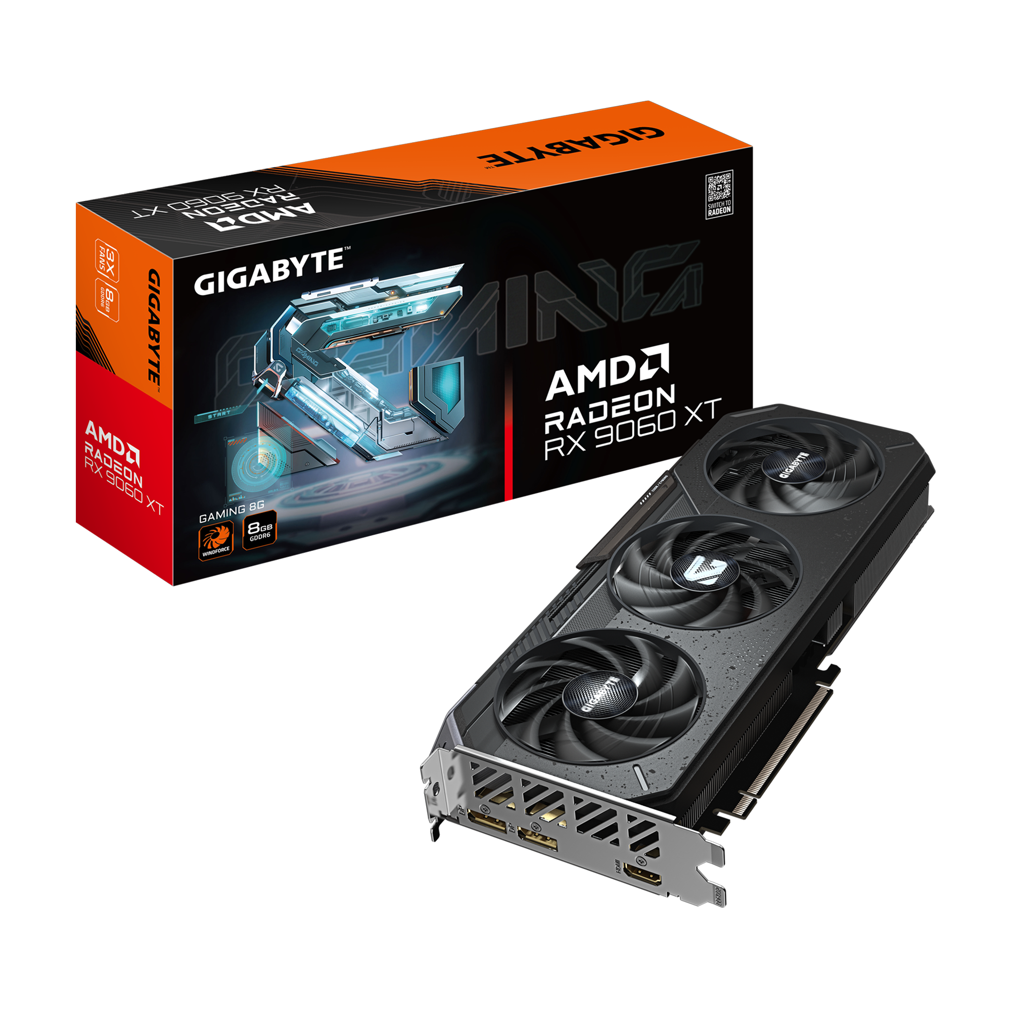 A large main feature product image of Gigabyte Radeon RX 9060 XT Gaming 8GB GDDR6