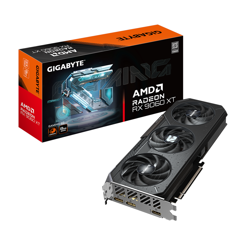 A large main feature product image of Gigabyte Radeon RX 9060 XT Gaming 8GB GDDR6