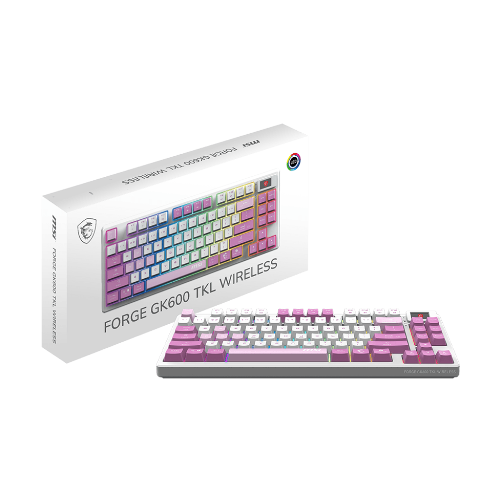 A large main feature product image of MSI Forge GK600 TKL Wireless Mechanical Keyboard - Violet