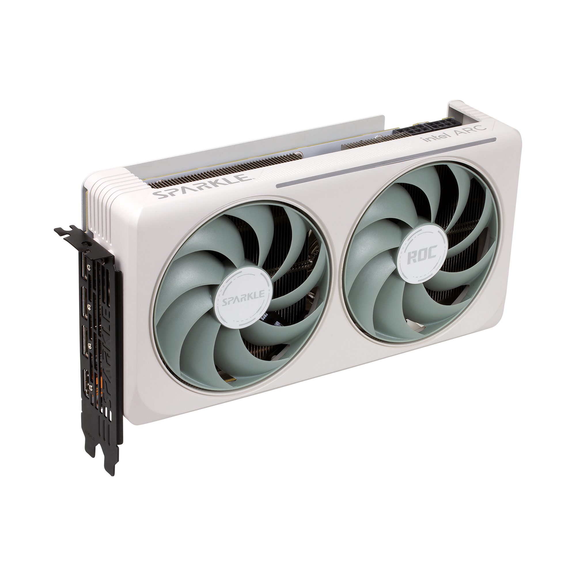 A large main feature product image of SPARKLE Intel Arc Battlemage B580 ROC Luna OC Ultra 12GB GDDR6