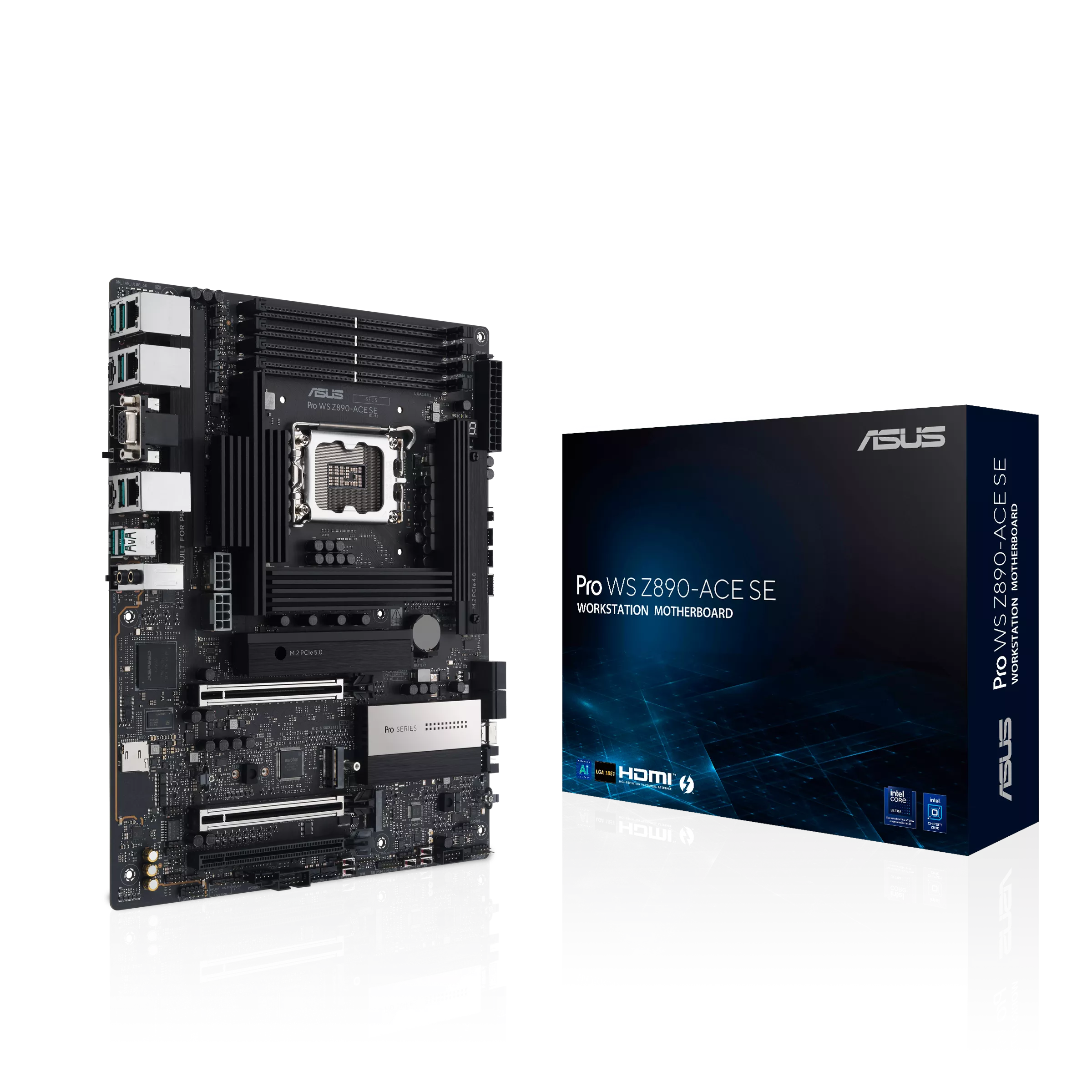 A large main feature product image of ASUS PRO WS Z890-ACE SE LGA1851 ATX Workstation Motherboard