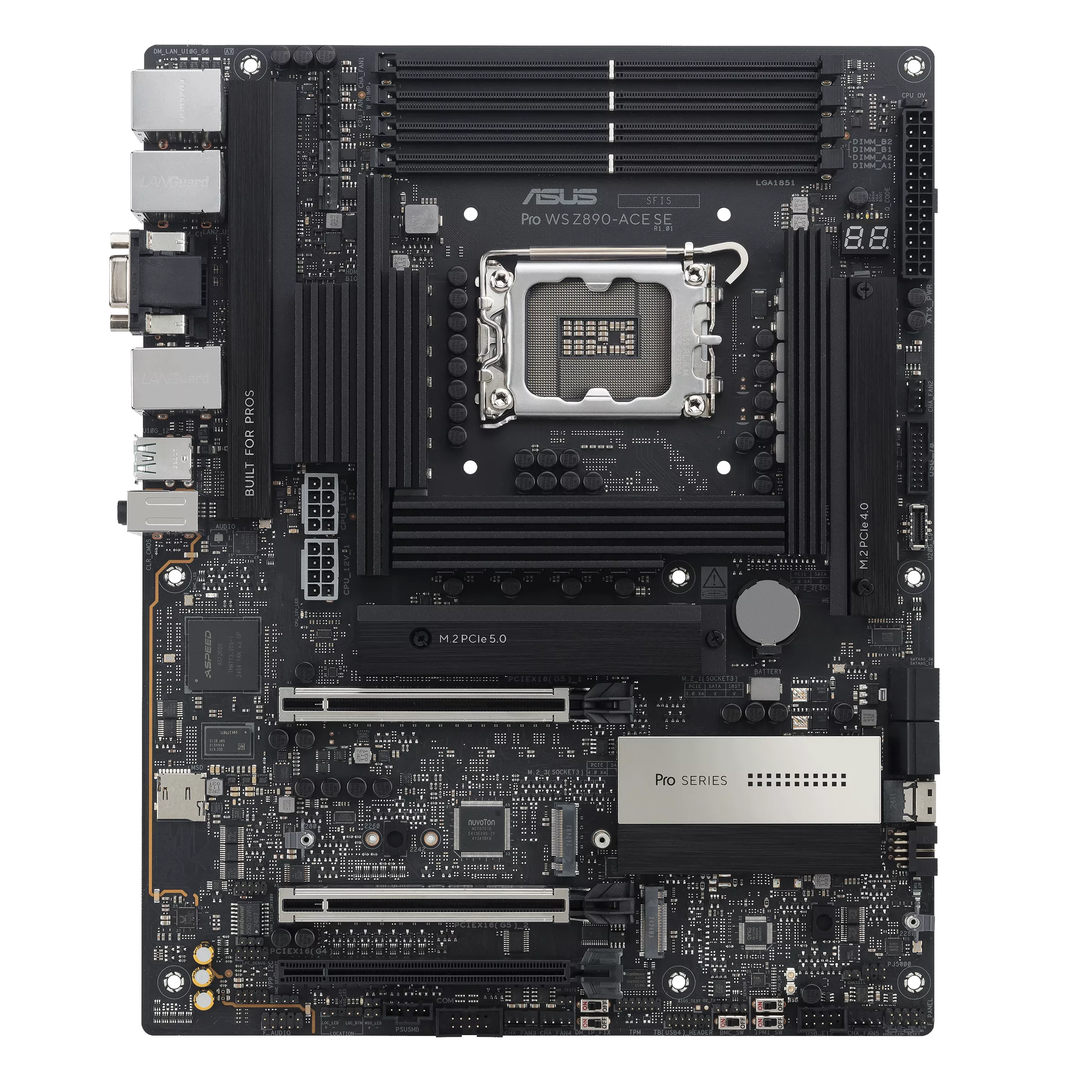 A large main feature product image of ASUS PRO WS Z890-ACE SE LGA1851 ATX Workstation Motherboard