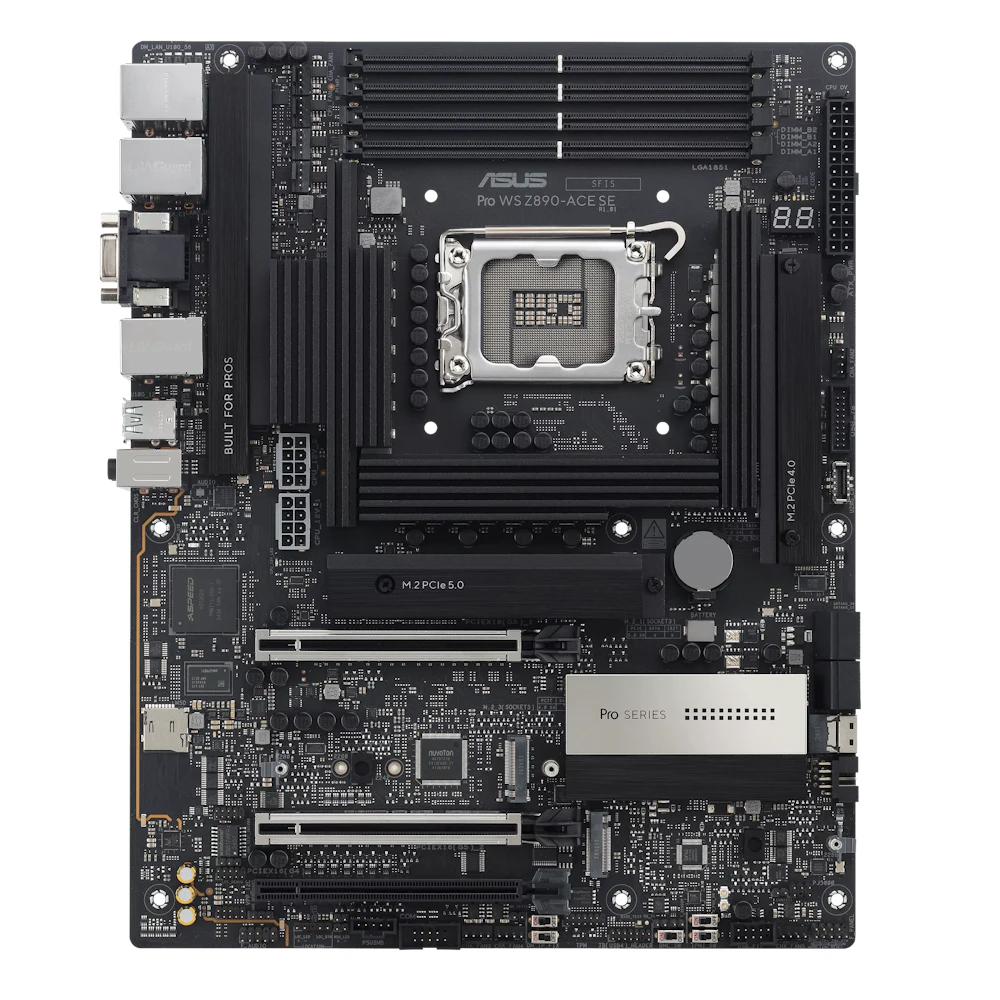 A large main feature product image of ASUS PRO WS Z890-ACE SE LGA1851 ATX Workstation Motherboard