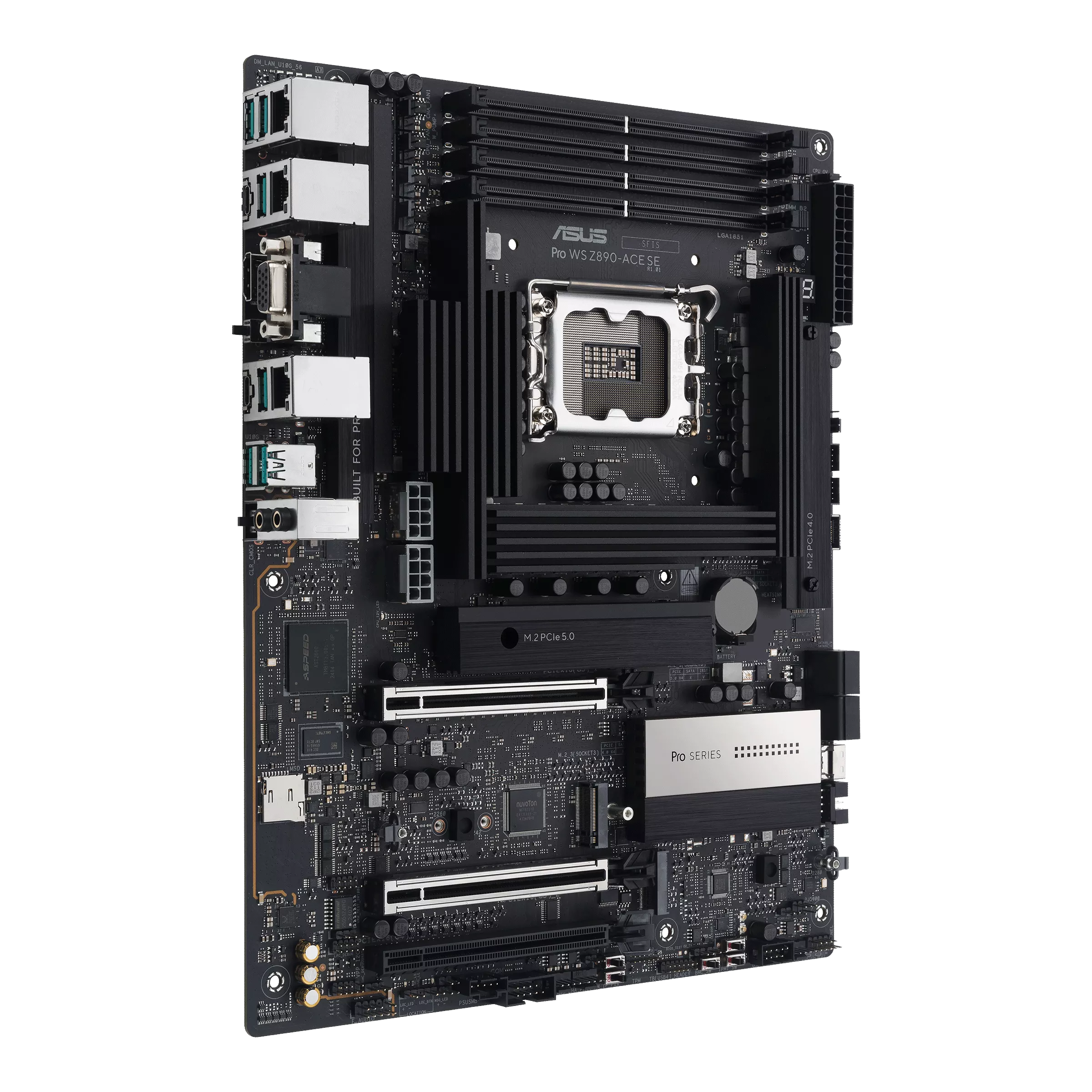 A large main feature product image of ASUS PRO WS Z890-ACE SE LGA1851 ATX Workstation Motherboard