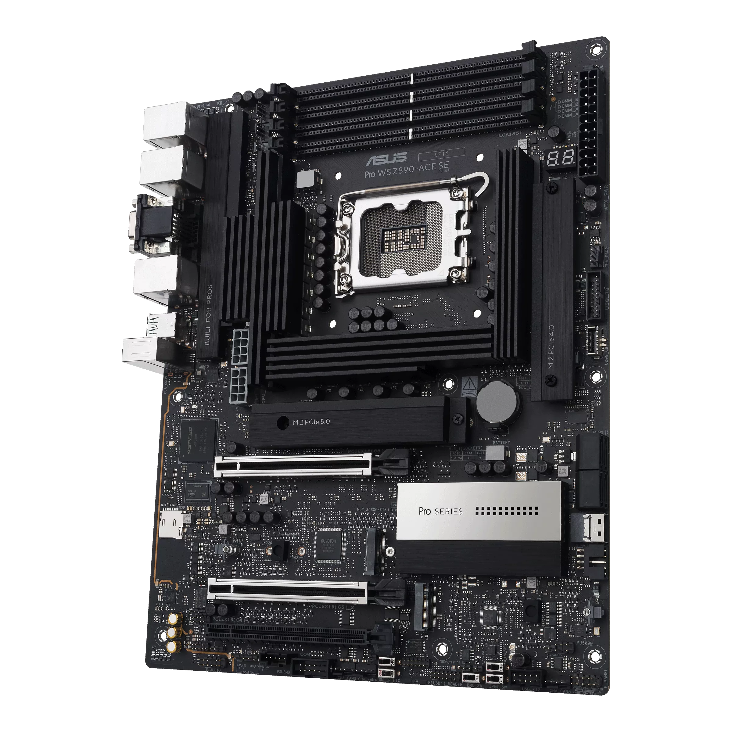 A large main feature product image of ASUS PRO WS Z890-ACE SE LGA1851 ATX Workstation Motherboard
