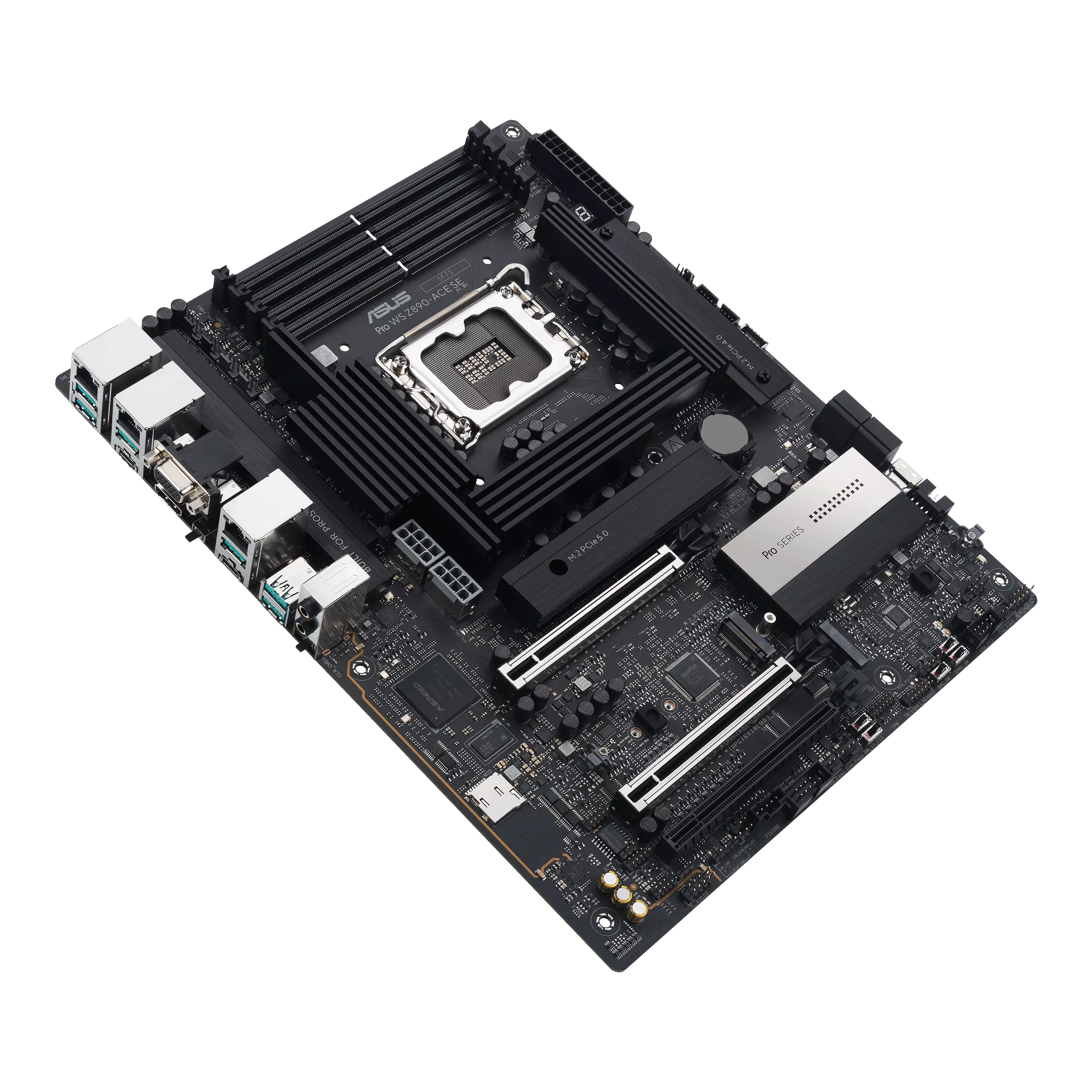 A large main feature product image of ASUS PRO WS Z890-ACE SE LGA1851 ATX Workstation Motherboard