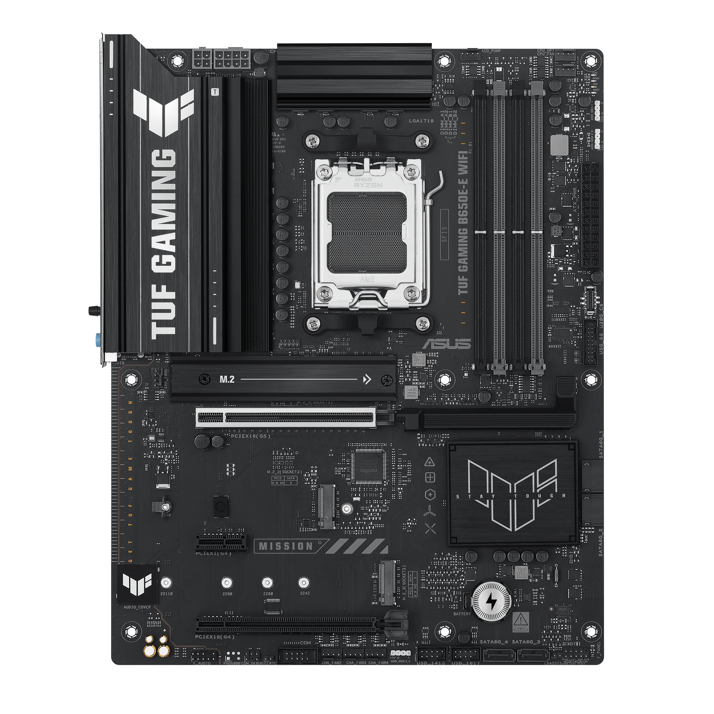 A large main feature product image of ASUS TUF Gaming B650E-E WIFI AM5 ATX Desktop Motherboard